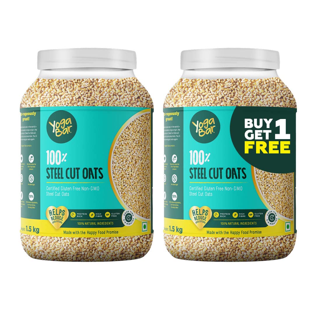 Yogabar Steel Cut Plain Oats 1.5Kg | 1+1 | Healthy Protein Breakfast Oatmeal| Premium & Gluten Free Oats | 100% Whole Grain, Non Gmo | High In Iron & Fibre | 1.5 Kg Pack Of 2 | 100%Vegan