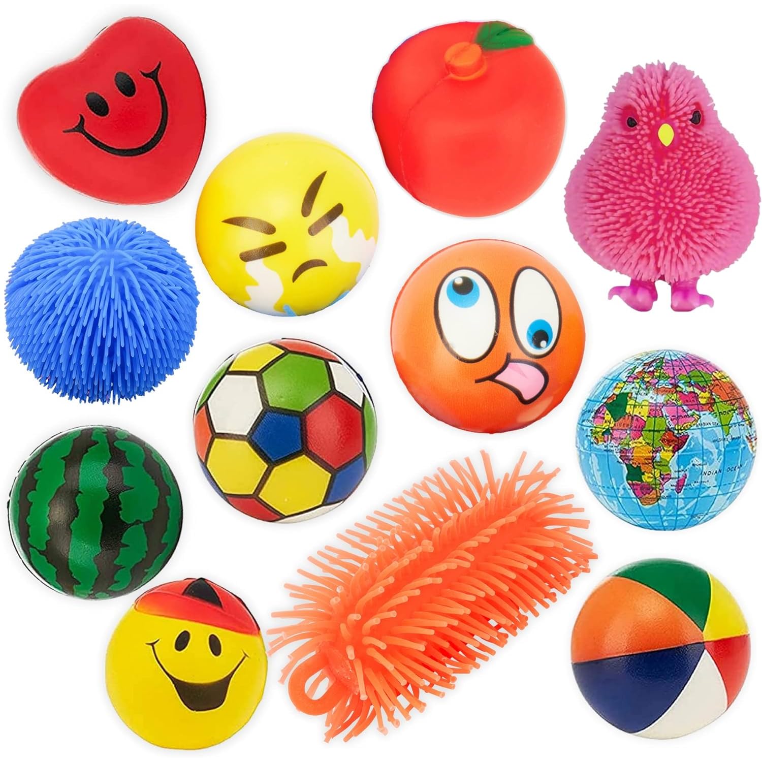 Neliblu Stress Balls for Kids and Adults - Pack of 12 Assorted Sensory Squeeze Balls - Spiky Squishy Fidget Toys for Relaxation - Stress Relief Puffer Ball for Classroom, or Sports Party Favors