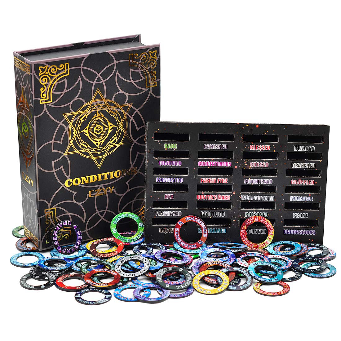 Upgraded DND Condition Rings 96 Status Effect Markers with Color Printing in 24 Conditions & Spells, and with Magic Book Storage Box Ideal Tabletop RPG Gift for DM or Player