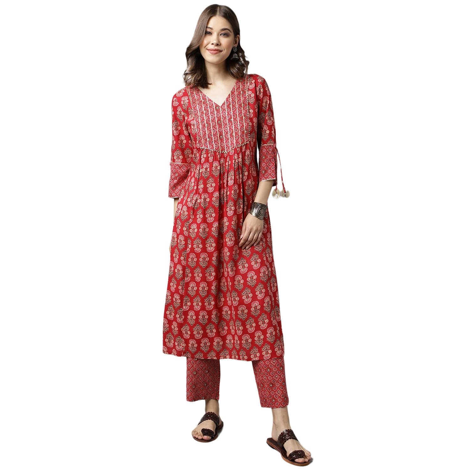 FIORRAWomen's Red Cotton A-Line Kurta with Pant