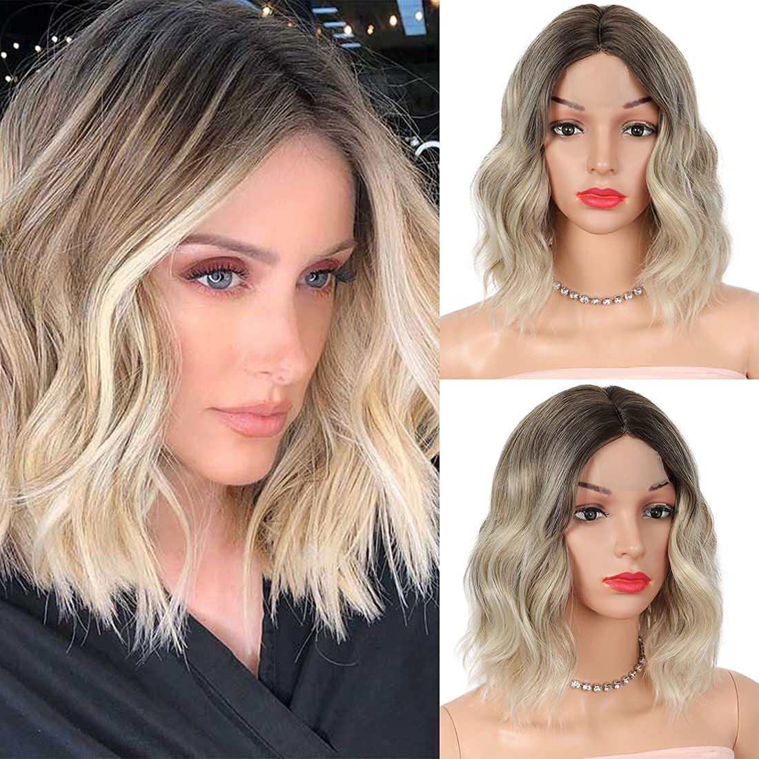 Kalyss12" Synthetic Edge Lace Front Wigs for Women Short Wavy Bob Wig Middle Part Ombre Ash Blonde Wig for Daily Wear(12”, Ombre Ash Blonde)