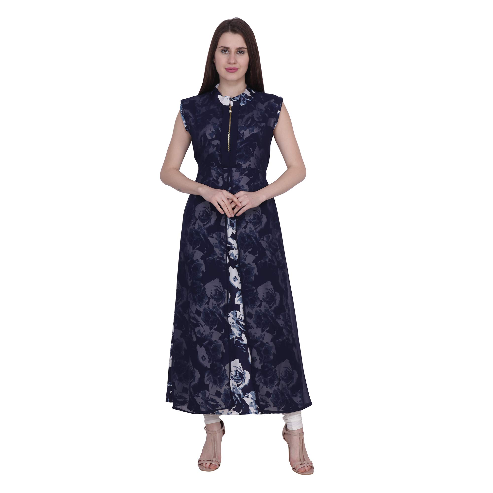 Shyammc Mylookup Blue Florals Printed Crepe with Blue Georgette Zip Dress for Women