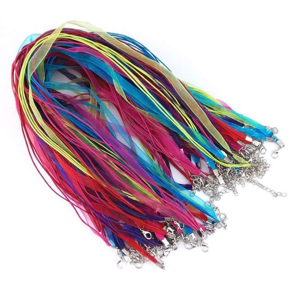 100Pcs Ribbon Necklace Cord for Pendants, Mixed Color Waxed Necklace String Organza Chains with Lobster Clasp for DIY Jewelry Making