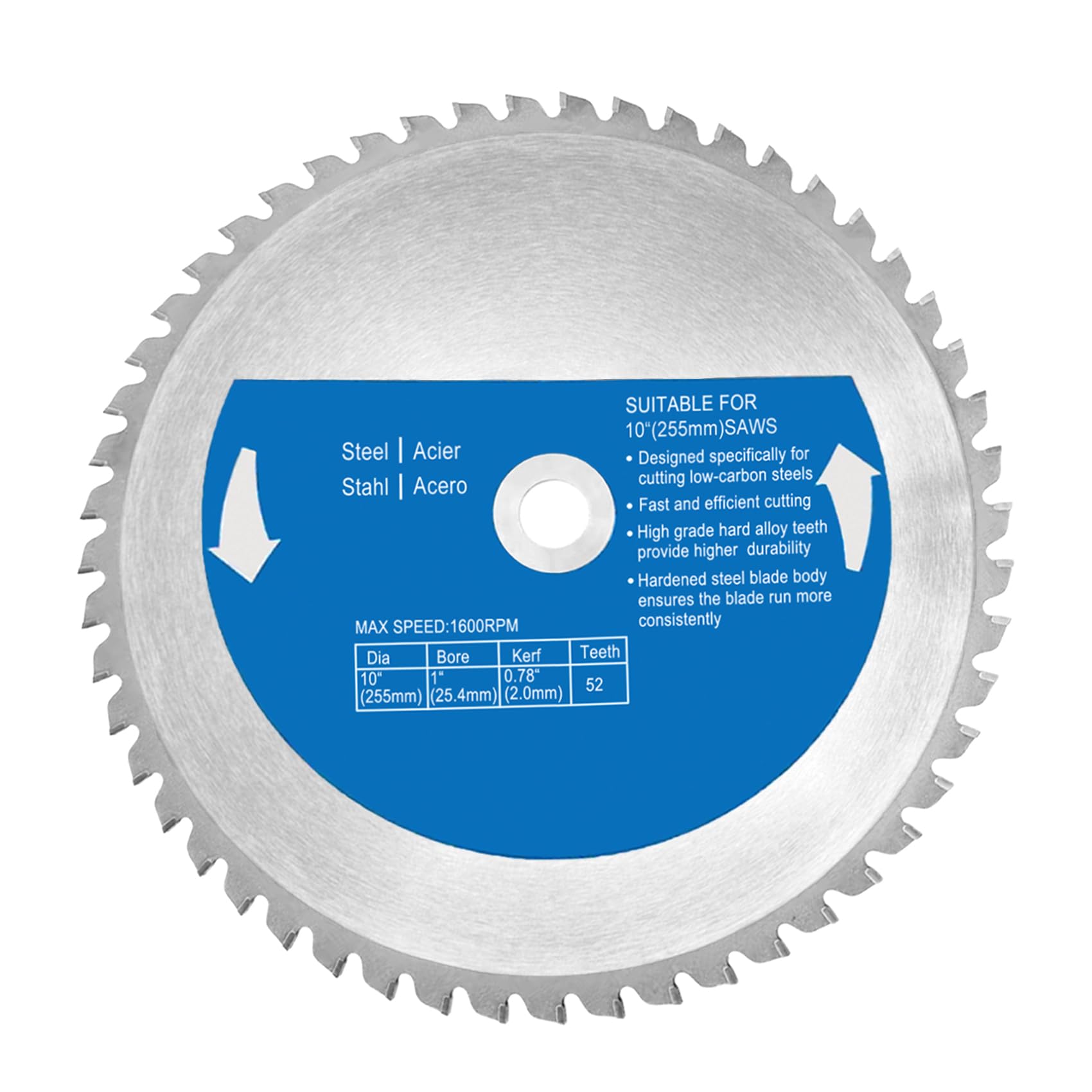 10BLADEST Steel Cutting Saw Blade, 10 Inch x 52 Teeth, Blue