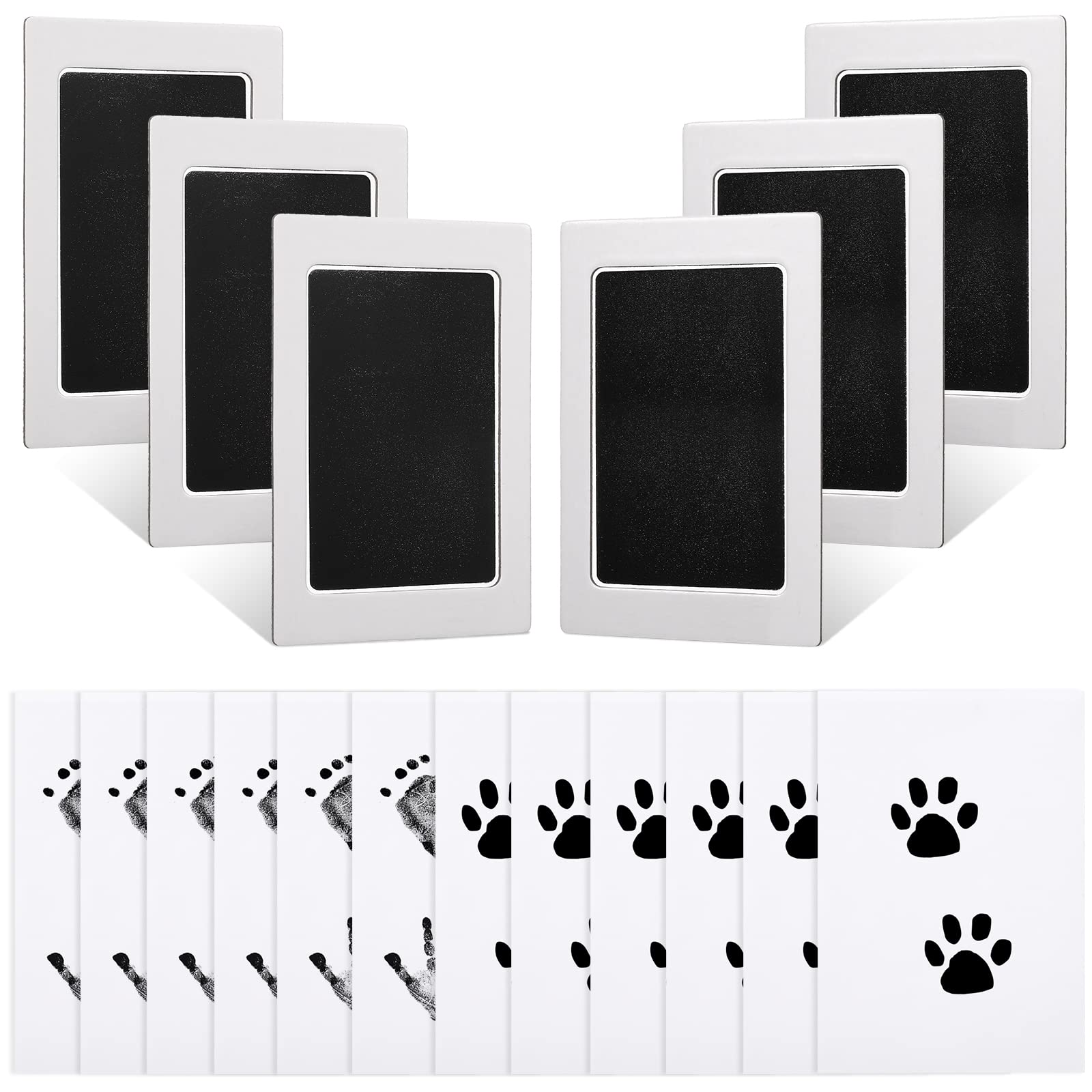 OutusBaby Inkless Handprint and Footprint Kit 6 Safe Hand and Foot Ink Pad Clean Touch Paw Print Stamp and 12 Card for Newborn Registry Family Keepsake Baby Shower Present, Black Color