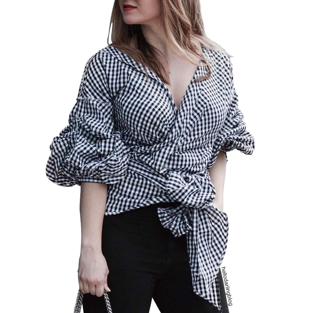 ChicwishWomen's Black Gingham V Neck Bowknot Wrapped Shirt Blouse Top with Ruche Sleeves