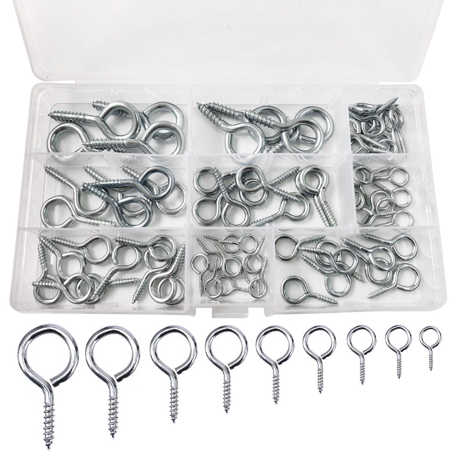 72 PCS Eye Screw Metal Hooks, Eye Bolts Screw-in Hooks, Mixed Size Ring Zinc Plated Eyelet Screw Fasteners, Silver Threaded Eye Pins for DIY Craft Projects Hanging Ornament Items