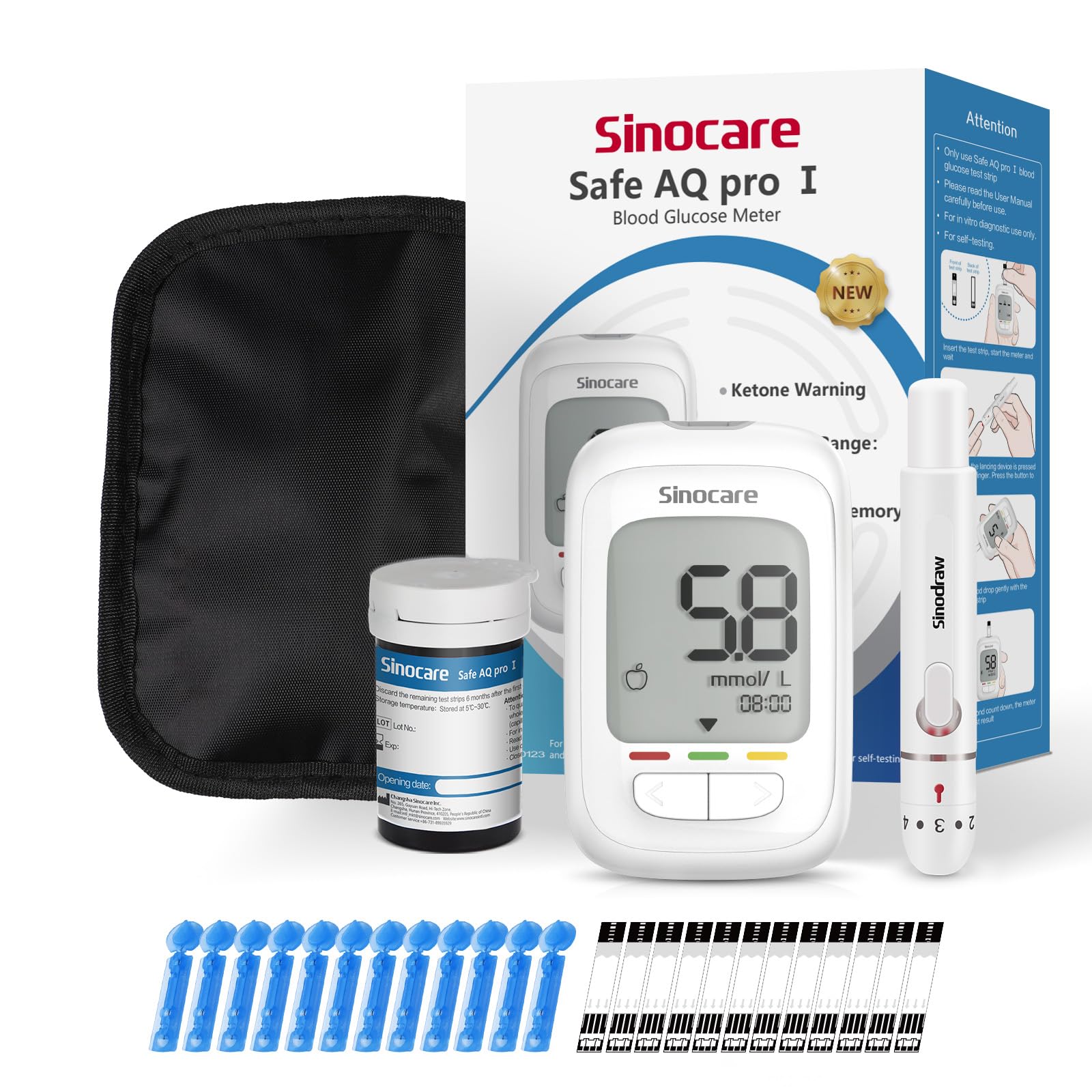 sinocare Safe AQ Pro I Blood Sugar Monitor, Blood Sugar Testing Kit, with Blood Ketone Warning, with Strips x 25 & Lancing Devices x 25 & Carrying Bag, 500 Memory, Results in mmol/L