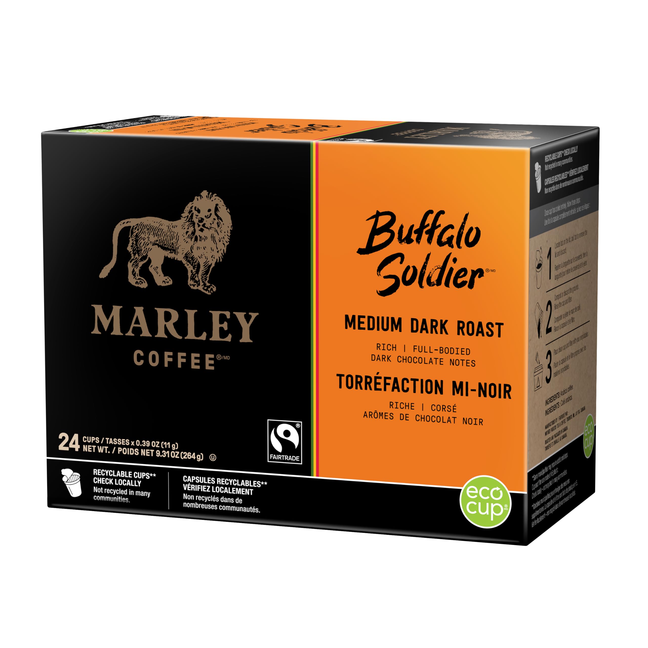 Marley Coffee Buffalo Soldier, Fairtrade Certified, Medium-Dark Roast Coffee, Keurig K-Cup Brewer Compatible Pods, 24 Count