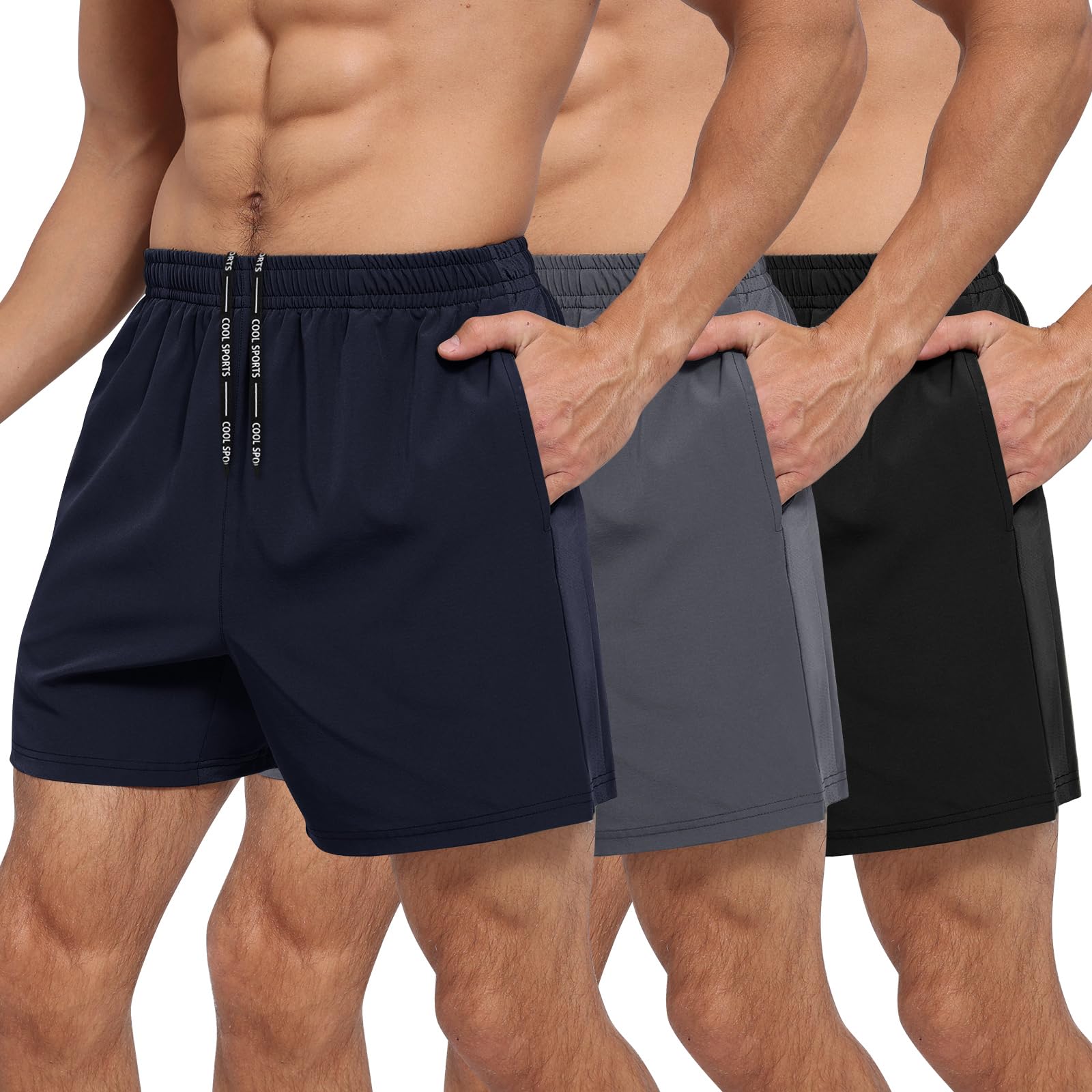 BOOJO 3 Pack Men's Gym Athletic Shorts - 5" Quick Dry Running Workout Shorts with Zipper Pockets for Casual Basketball