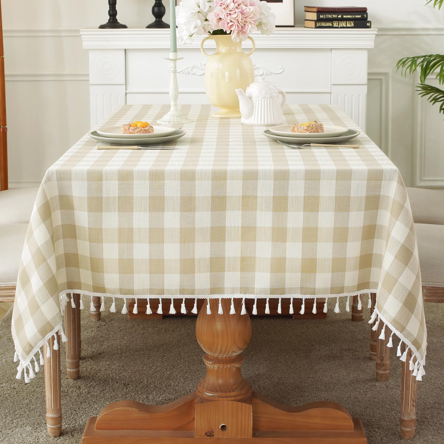 Laolitou Checkered Tablecloth Rectangle Washable Buffalo Plaid Table Cloth with Tassel Cotton Linen Gingham Table Cover for Picnic Kitchen Dining Room, Beige, 120 Inch