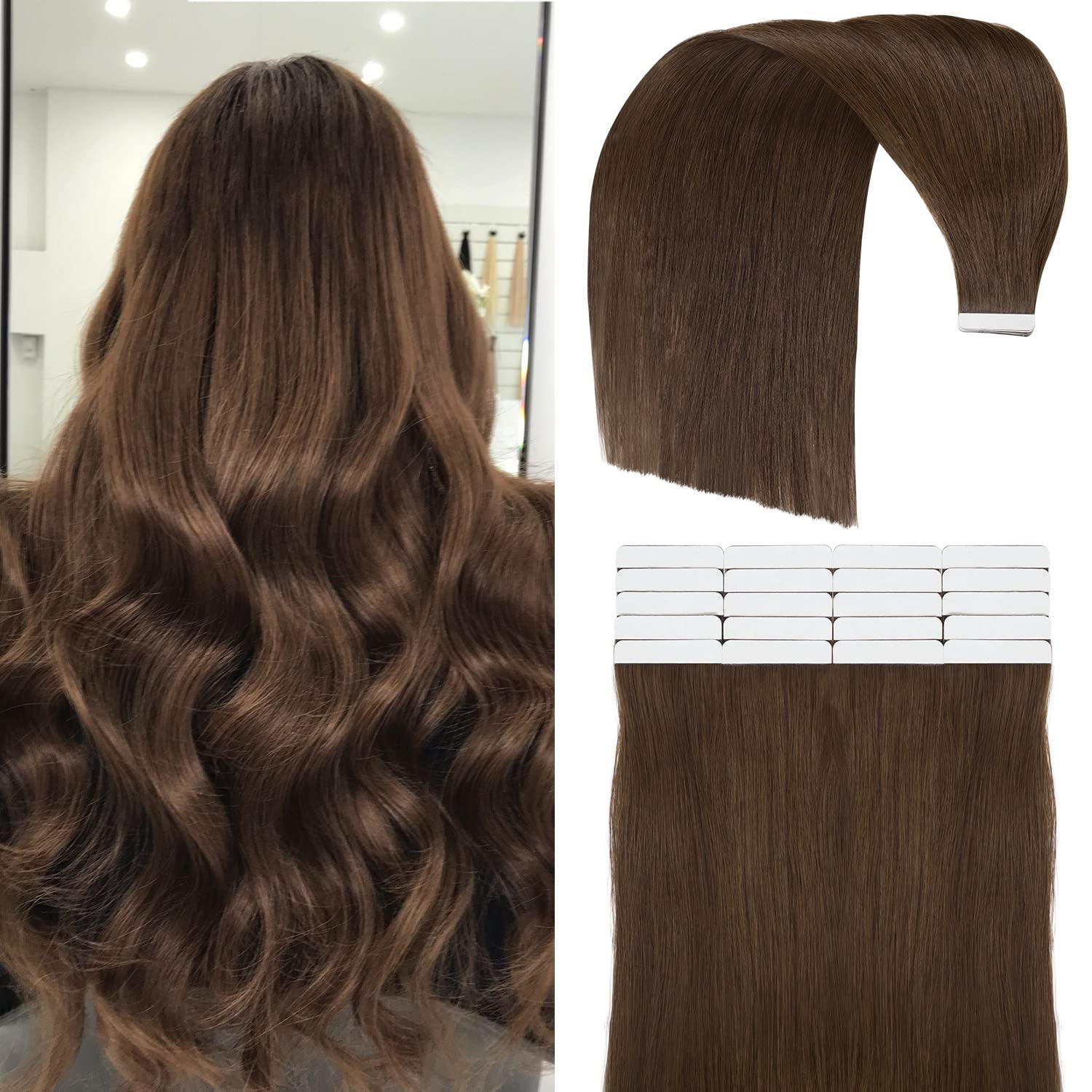 Nettis 14 inches Natural Hair Remy Tape in Hair Extensions #4 Medium Brown 100 Tape in Remy Human Hair Straight Seamless Skin Weft Tape in Hair Extensions(20pcs 50g/pack #4 Medium Brown)