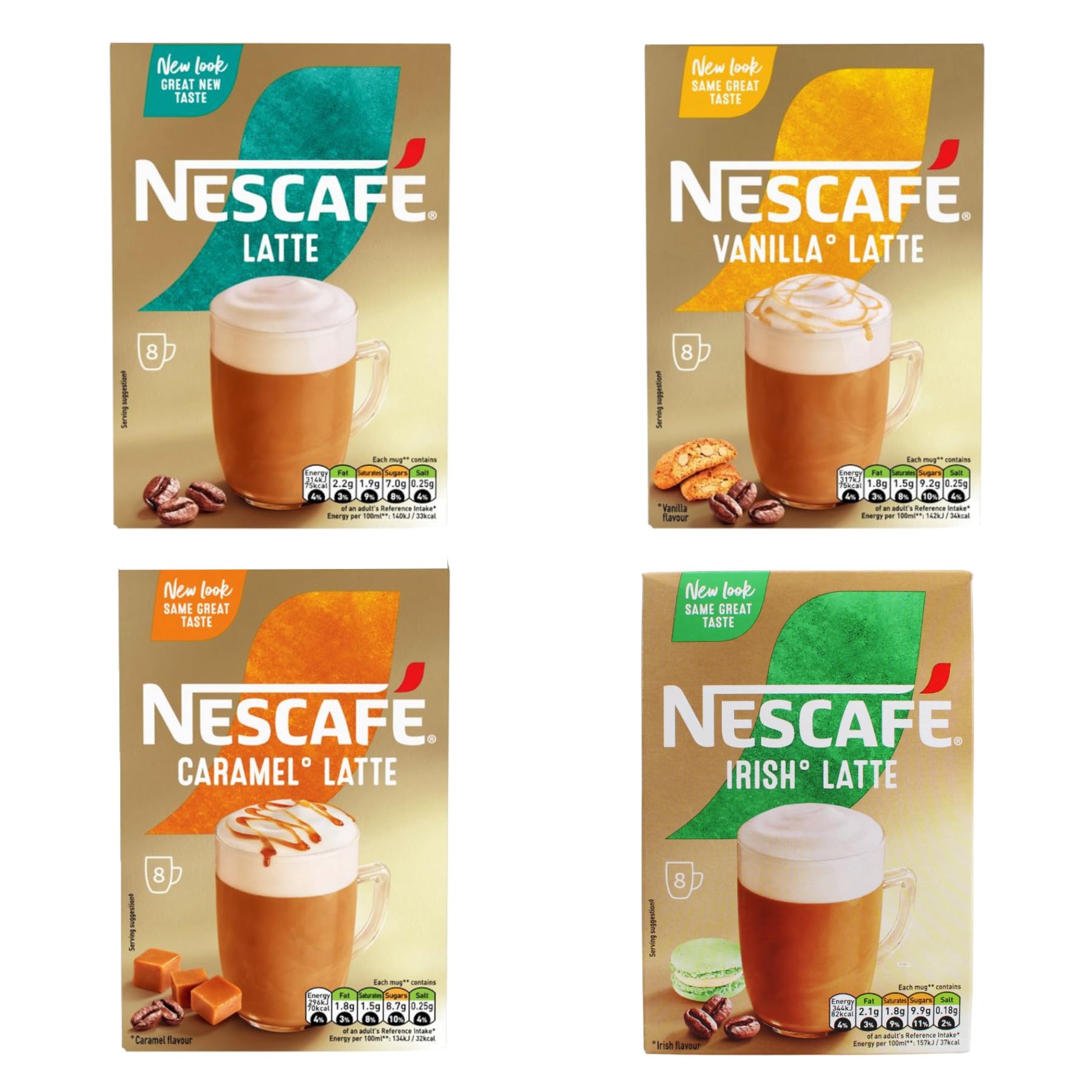 Instant Coffee Sachets Variety Pack Bundle - with Nescafe Gold Latte, Irish Latte, Caramel Latte and Vanilla Latte (32 Sachets)