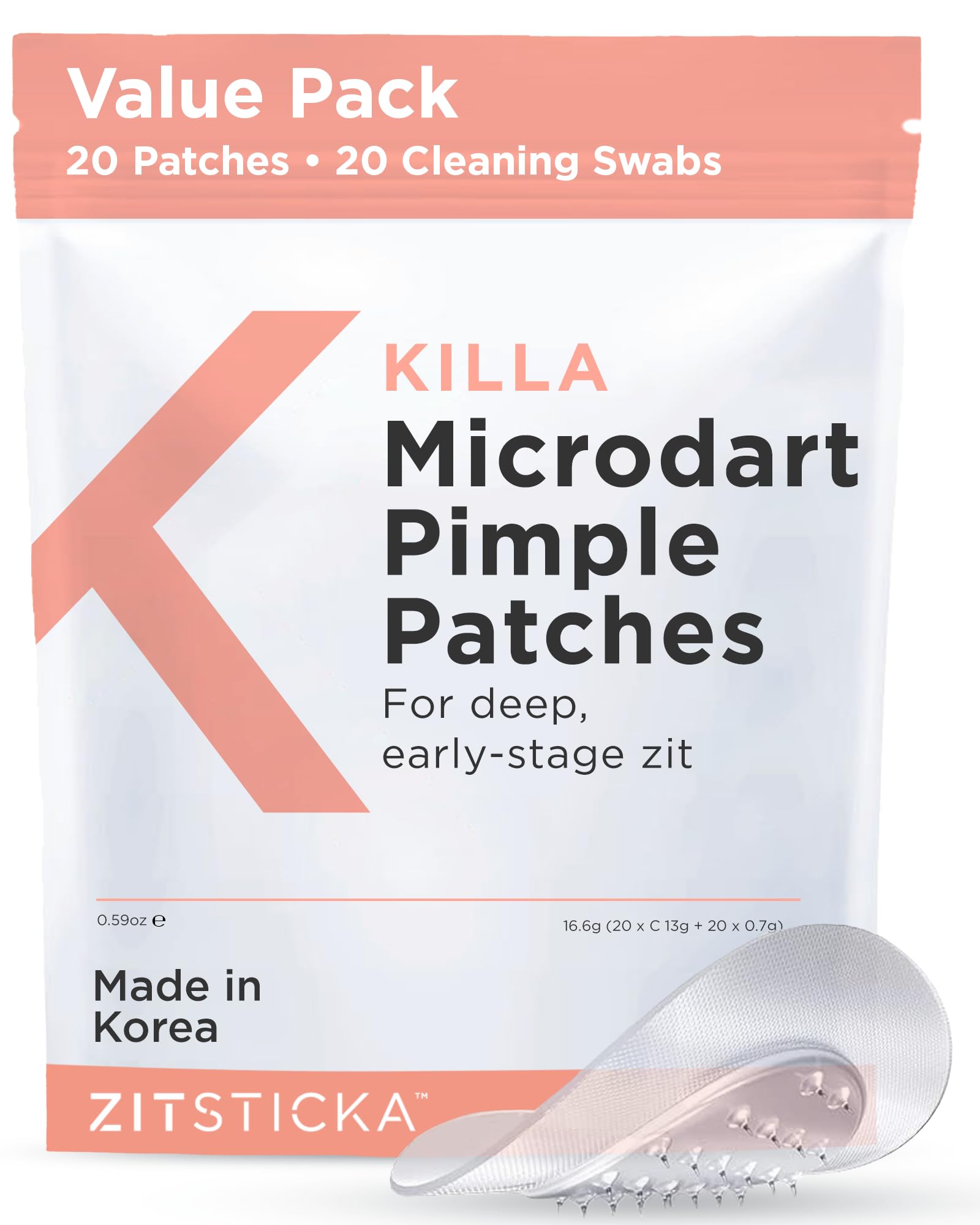 ZitStickaKilla Acne Patches for Face - World's Most Potent Pimple Patch with Fast-Acting Microdarts - Starts Working within 2 Hours for Deep, Early-Stage Zits & Blemish - 20 Count