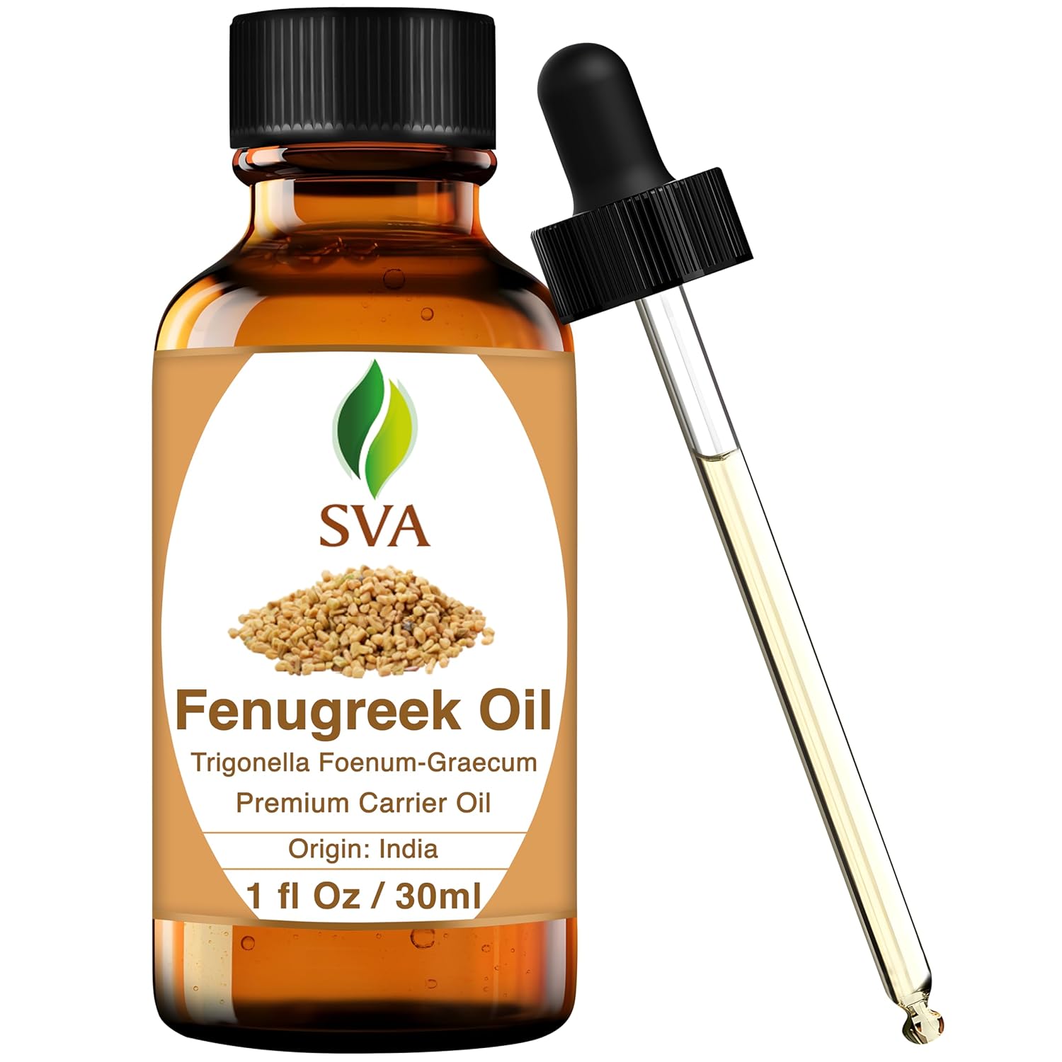 SVA Fenugreek Seed Oil - 1 Fl Oz – 100% Natural Cold Pressed Fenugreek Oil - for Face, Skin Care, Hair Care, Scalp Massage & Body Massage – Carrier Oil with Dropper