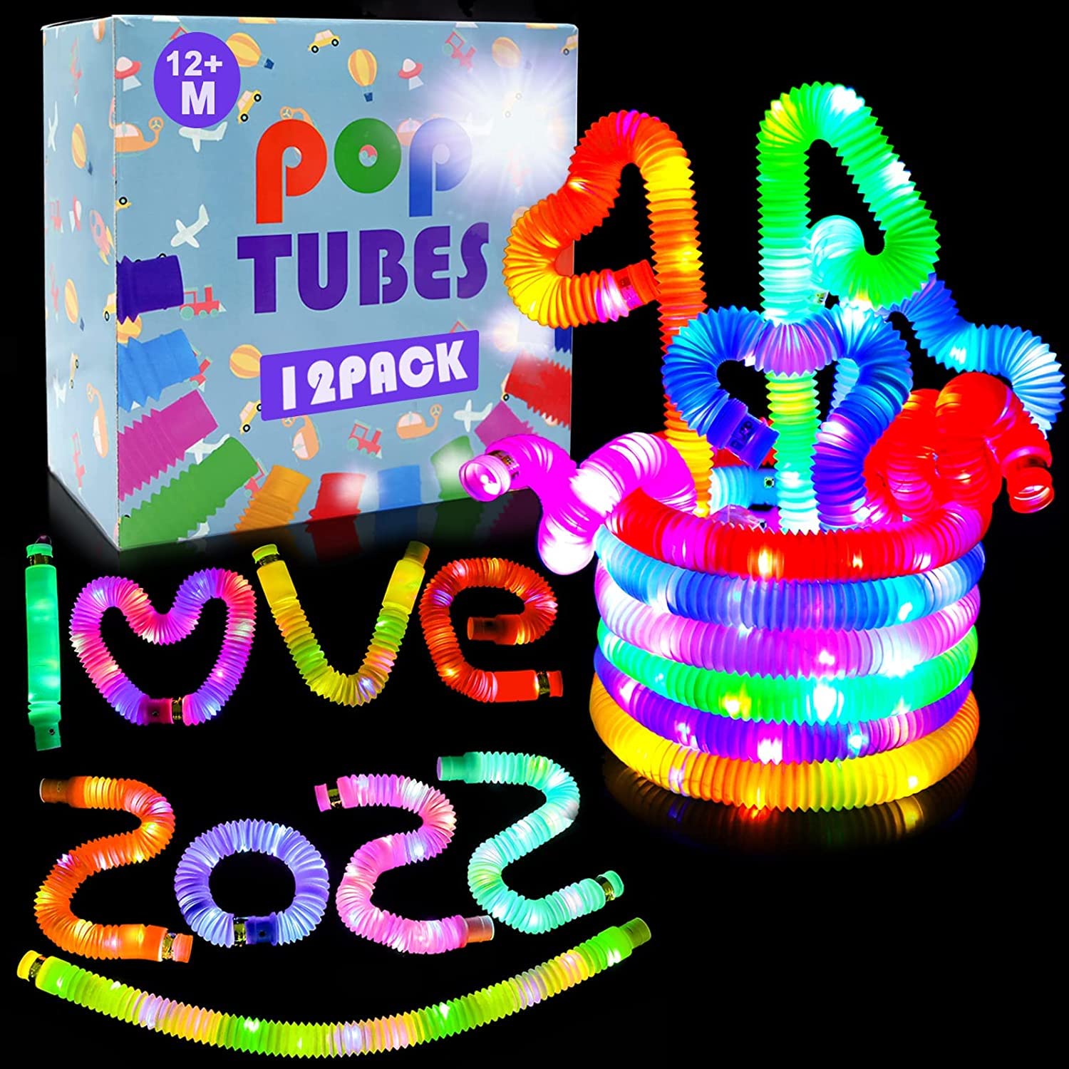 Pop It Glow Sticks Led Tube For Party Favors For Kids Birthday -12Pcs Return Gifts For Kids Birthday Toys For Kids Boys Girls/Glow Sticks Sensory Tubes/Led Glow Stick /Glow in The Dark Pop Goodie Bag