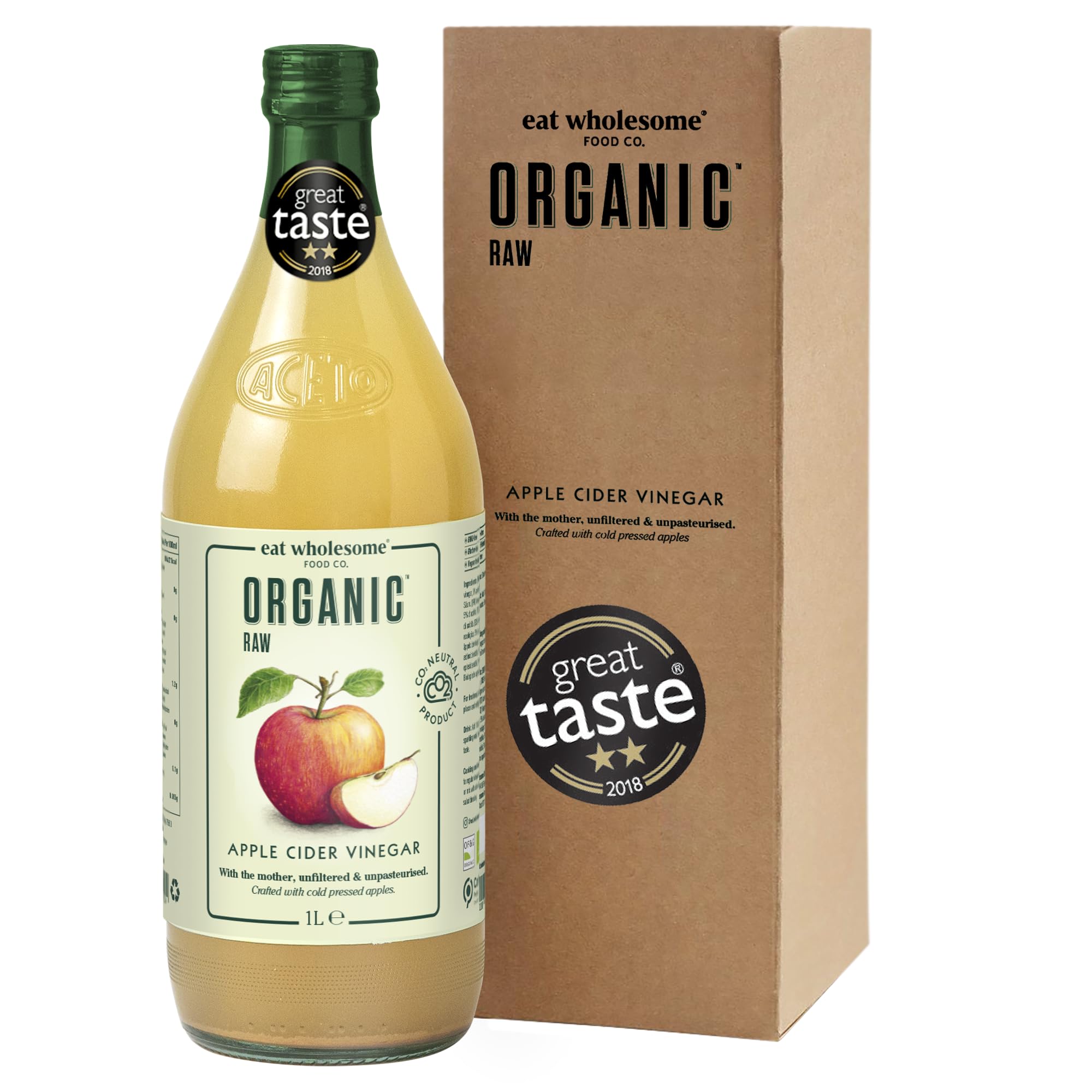 Eat Wholesome Organic Apple Cider Vinegar - Raw, Unpasteurised, Unfiltered, Award-Winning - In Box, 1L