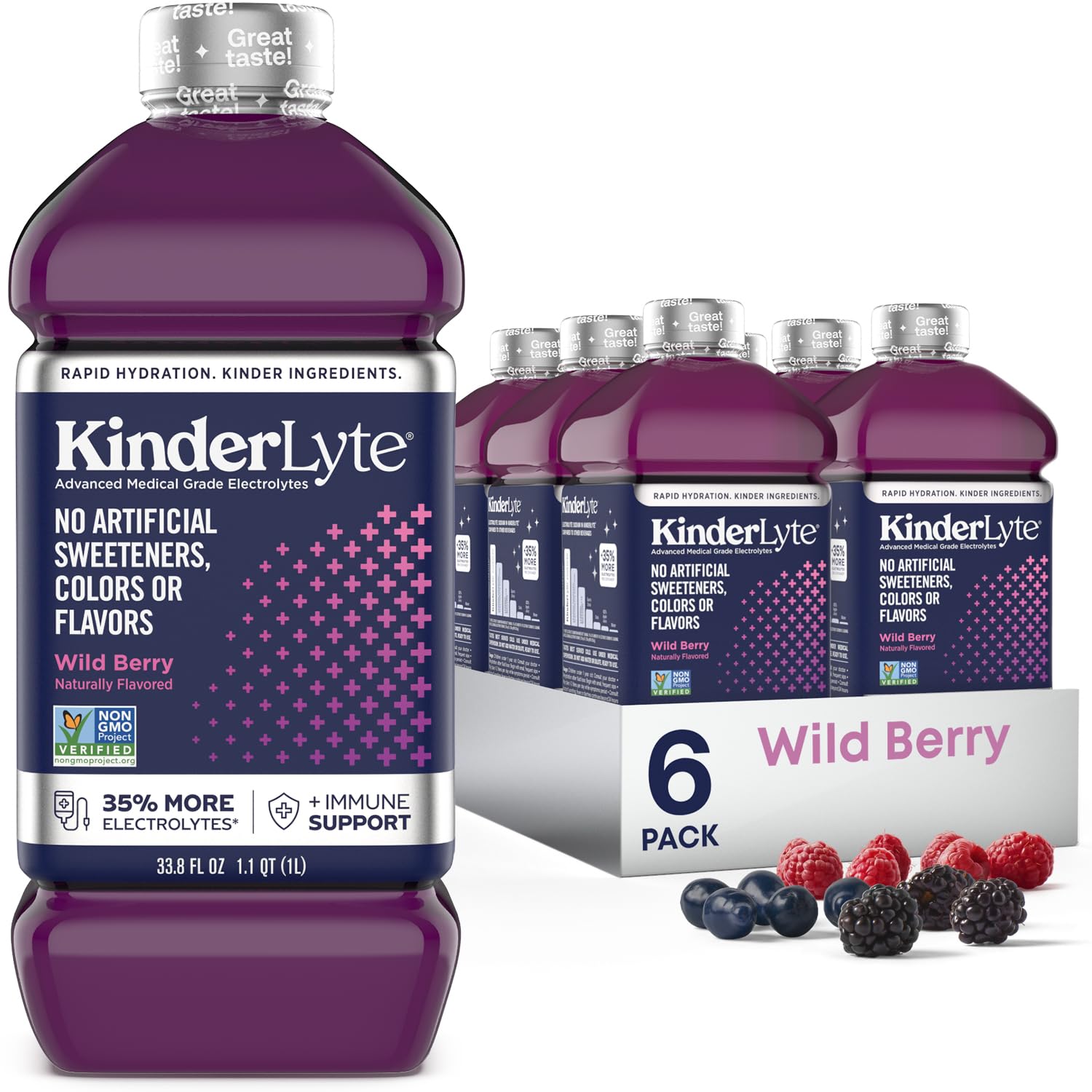 KinderlyteAdvanced Natural Hydration | Electrolyte Drinks with 33% More Electrolytes and PreMax Prebiotic (Wild Berry, 6-Pack)