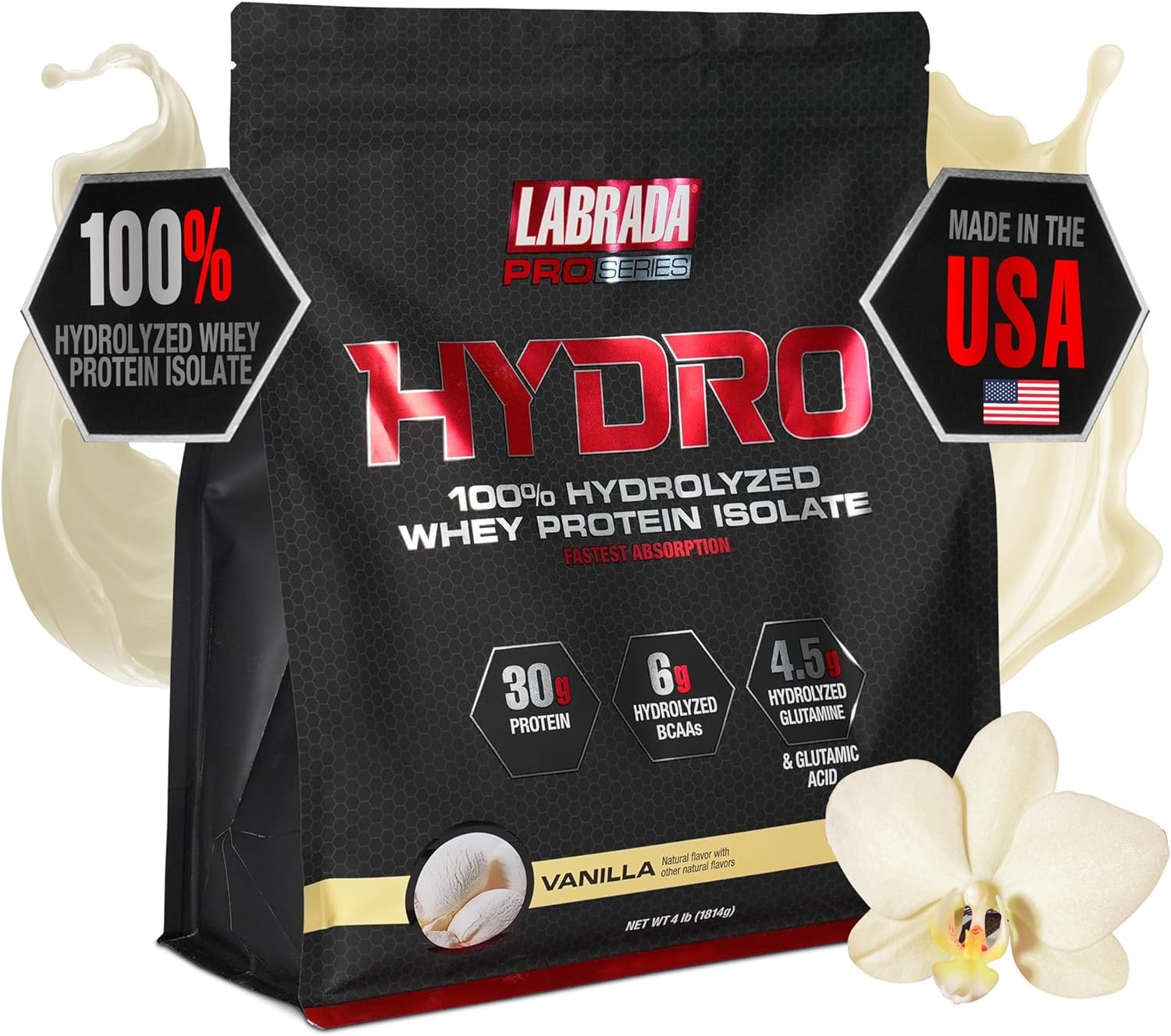 LabradaHydro 100% Pure Hydrolyzed Whey Protein Isolate Powder, Lactose Free, Glutamine, Fastest Digesting Whey Available, Instant Mixing, Delicious Taste 48 Servings 4lb (Vanilla)