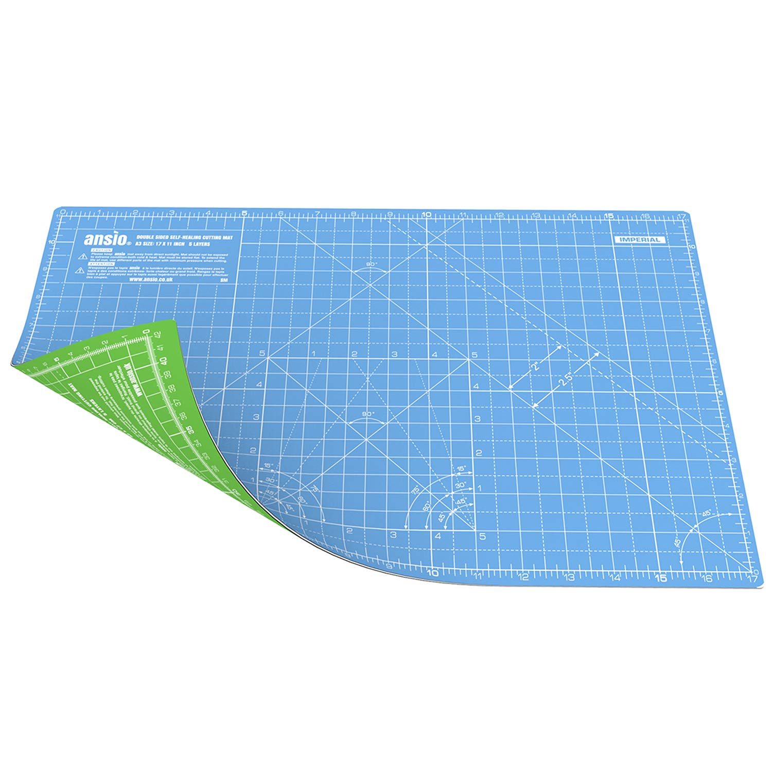 ANSIO A3 Double Sided Self Healing 5 Layers Eco Friendly Cutting Mat Imperial/Metric 17 Inch x 11 Inch / (44 cm x 29 cm) - Sky Blue/Lime Green