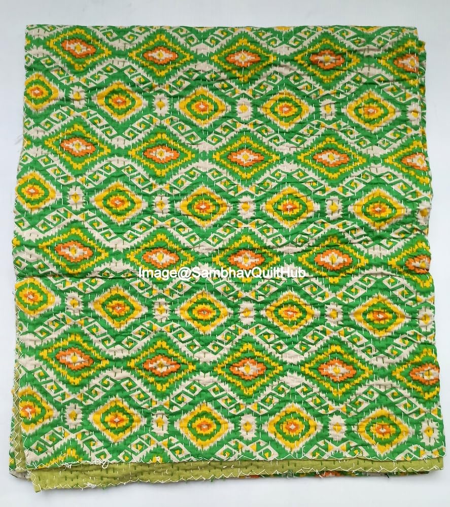 Sambhav Quilt Hub Green Handblock Floral Multi Ikat Print Handmade Cotton Kantha Quilting Boho Bedding Throw Blanket Hippie Queen/King Size Bohemian Block Kantha Quilt (King 108X108 inches)