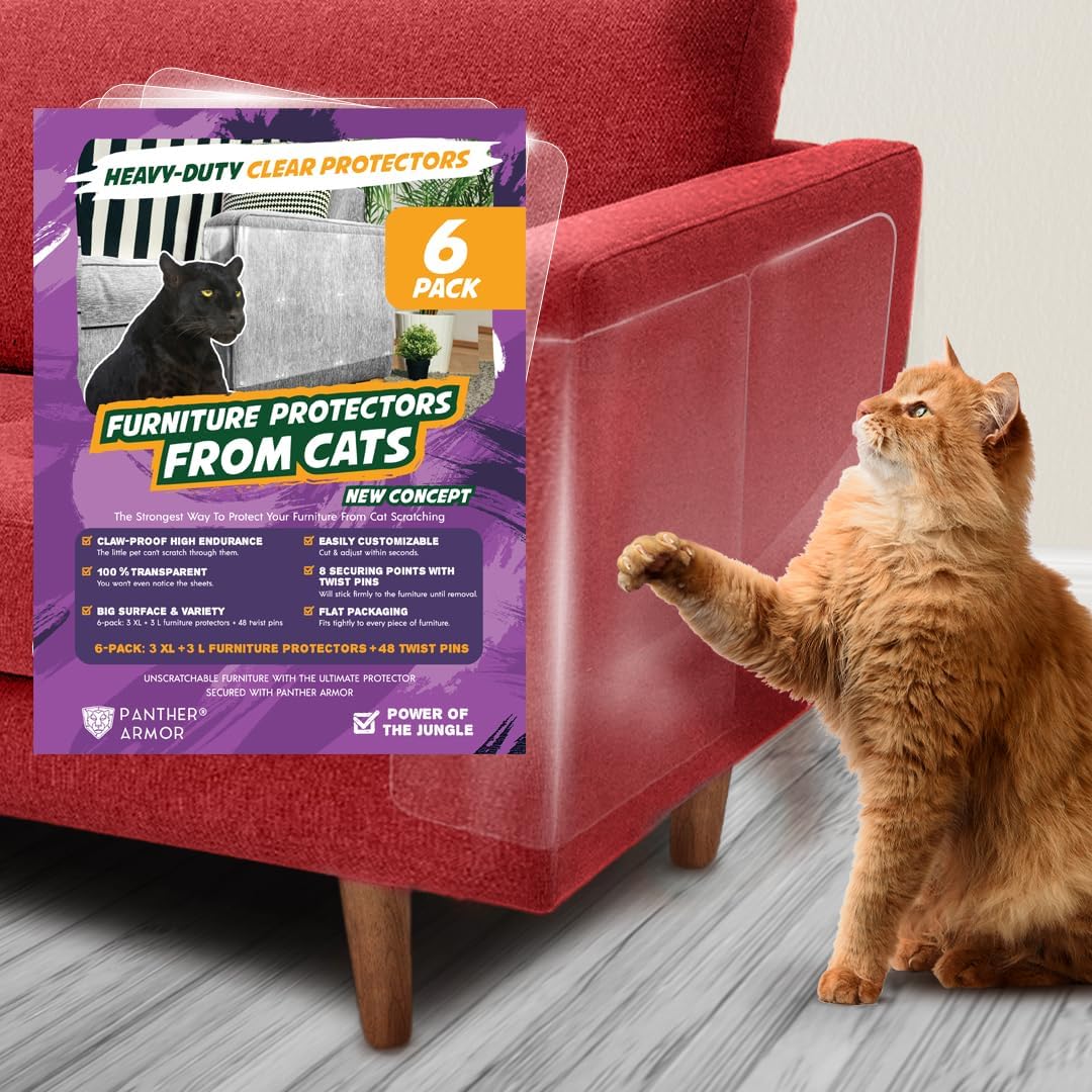 Panther Armor Anti Scratch Furniture Protector, 6-Sheets, Couch Guards from Cat Claws, 100% Transparent, Stop Cats from Scratching Furniture, XL Sheets 17" x 12", Thick & Heavy Duty