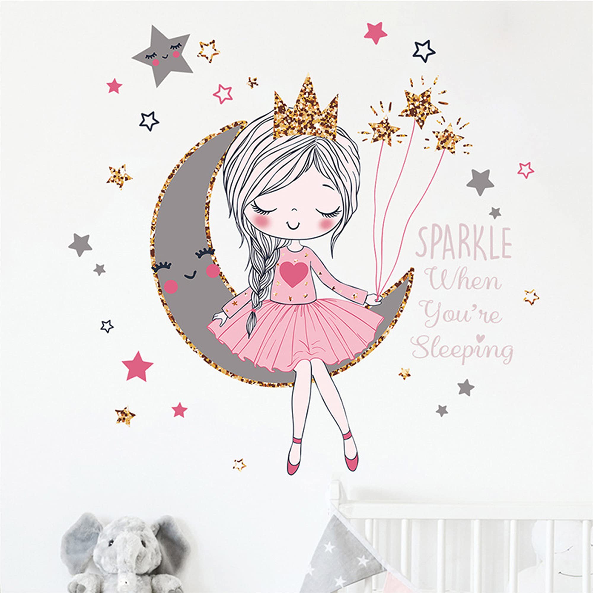 ROFARSO Colorful Cute Lovely Little Princess Sitting On The Moon Wall Sticker for Kid Peel and Stick Removable Wall Decal DIY Decoration Decor for Nursery Baby Girl Bedroom Playroom Living Room