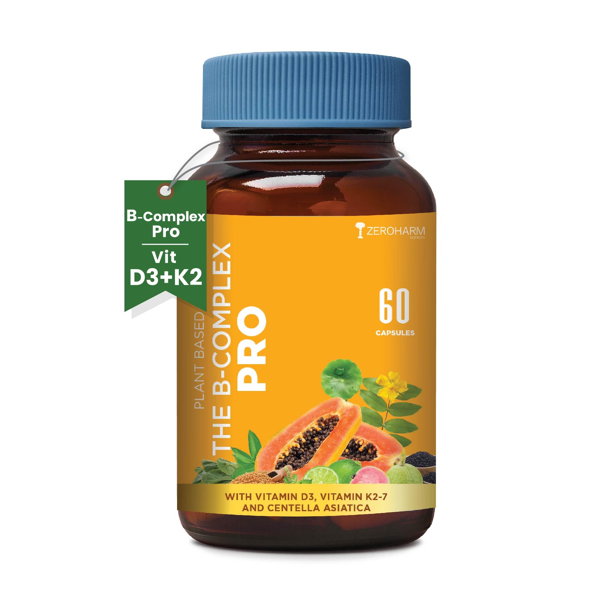 ZEROHARMVitamin B Complex with Vitamin D3, Vitamin K2 & Centella Asiatica with B1, B2, B3, B5, B6, B9 & Vitamin B12 |Improves hair, skin & nails | Improves Heart Health & Regulates Calcium | 60 Caps