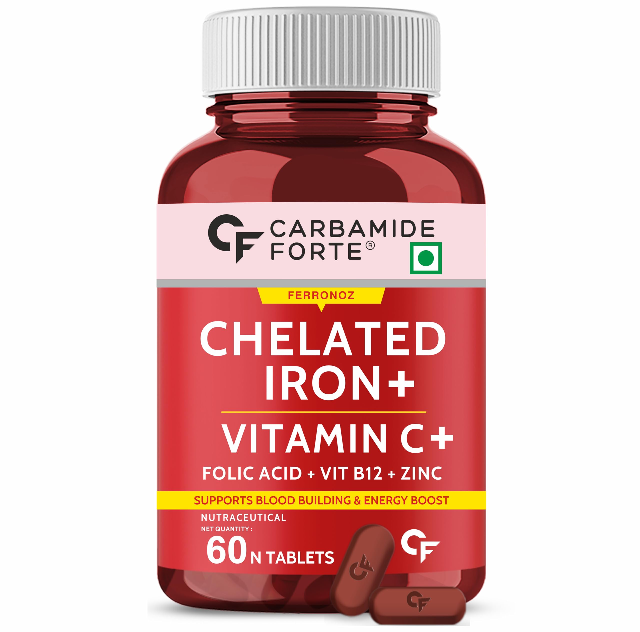 Carbamide Forte Chelated Iron Supplement for Women & Men | Folic Acid Tablets with Vitamin C, B12, Zinc | 60 Veg Iron Tablets for Women & Men