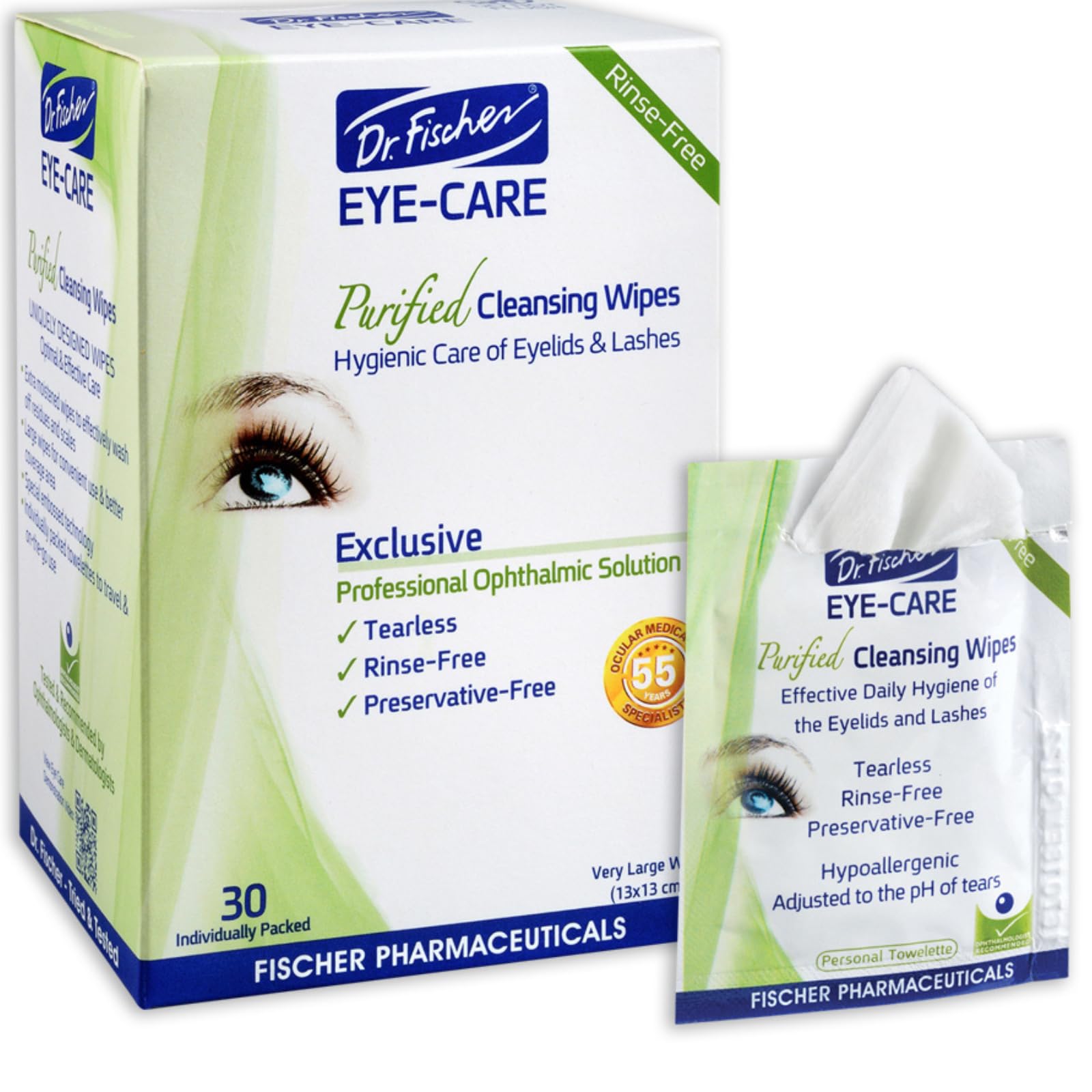 Dr. Fischer Eyelid Wipes - Purified, Non-Irritating, Pre-moistened Eye Wipes for Cleansing Sensitive Skin. Hypoallergenic Make-up Remover (30)