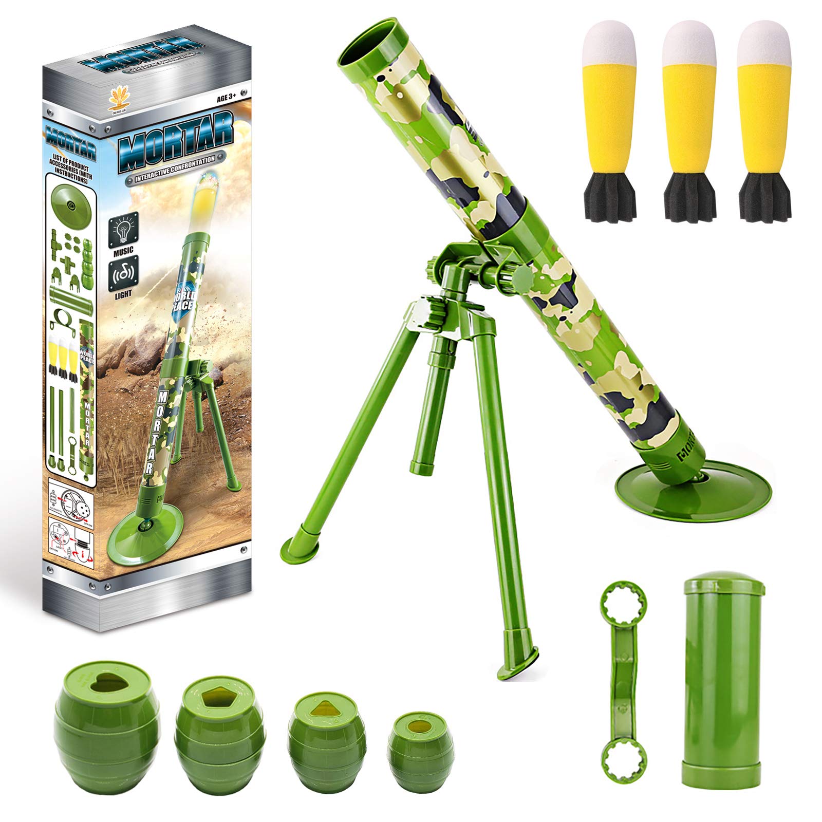 Military Toy Mortar, Artillery,Cannon,Howitzer,Gun, Self-propelled Launch Set Includes 3 Safety LED Foam Shells, Launch Range of 16 Feet - Missile Launcher Best Gift for Boys and Girls (Green)