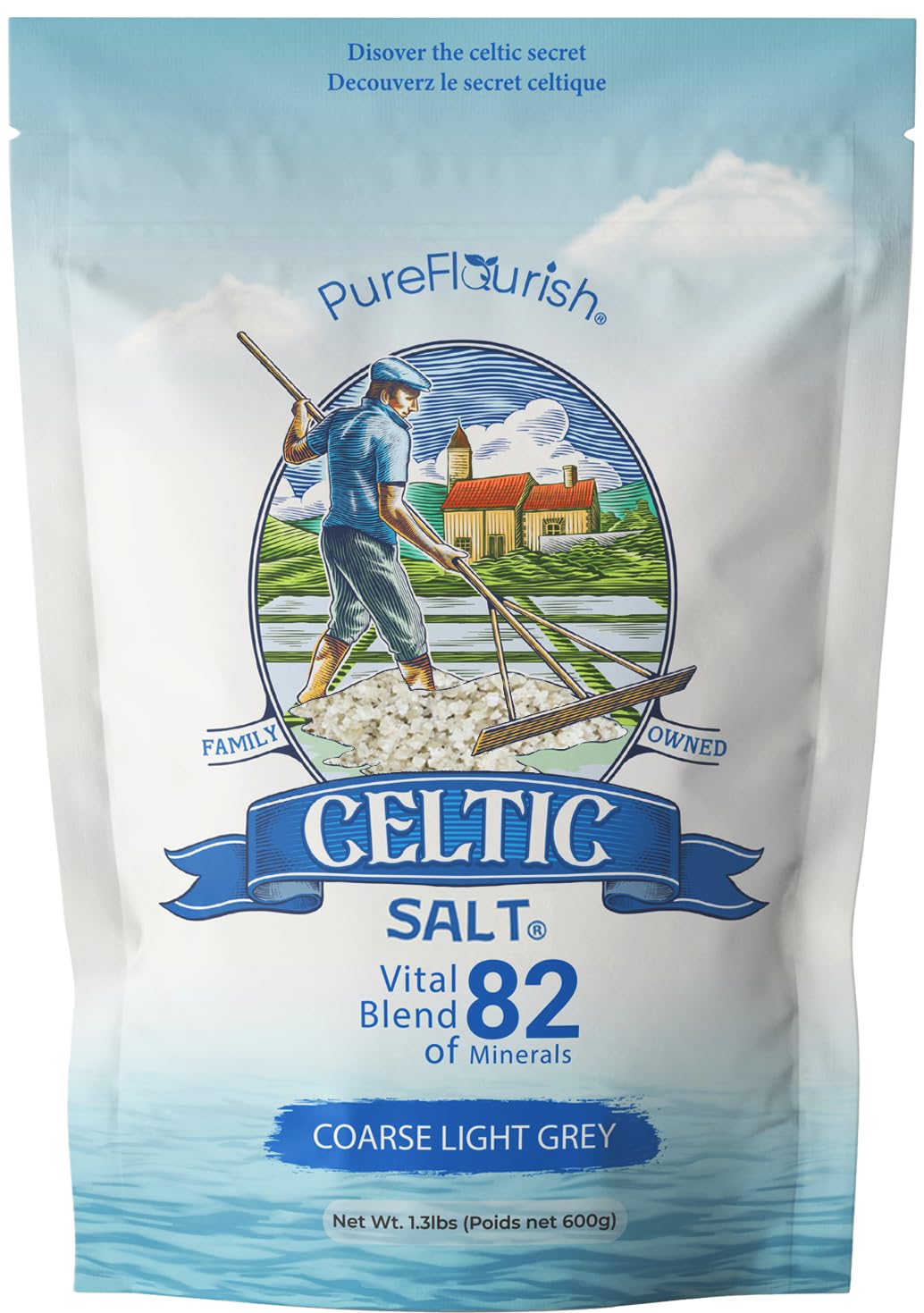 Pure Flourish Celtic Salt - 600g | 100% Organic Unrefined Celtic Salt | Rich in 82+ Essential Minerals | Hand Harvested Light Grey Celtic Salt Crystals from France