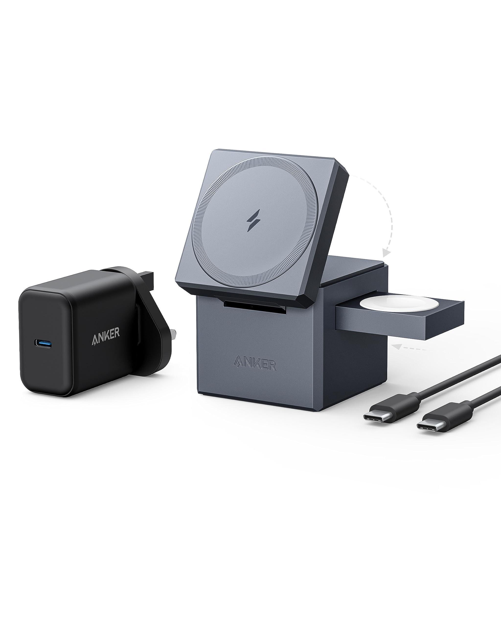 Anker 3-in-1 Cube Compatible with MagSafe - 15W Fast Charging, Foldable Wireless Charge Station for Apple Watch, iPhone 16/15/14/13, and AirPods Pro (Charger and Interchangeable Plugs Included)