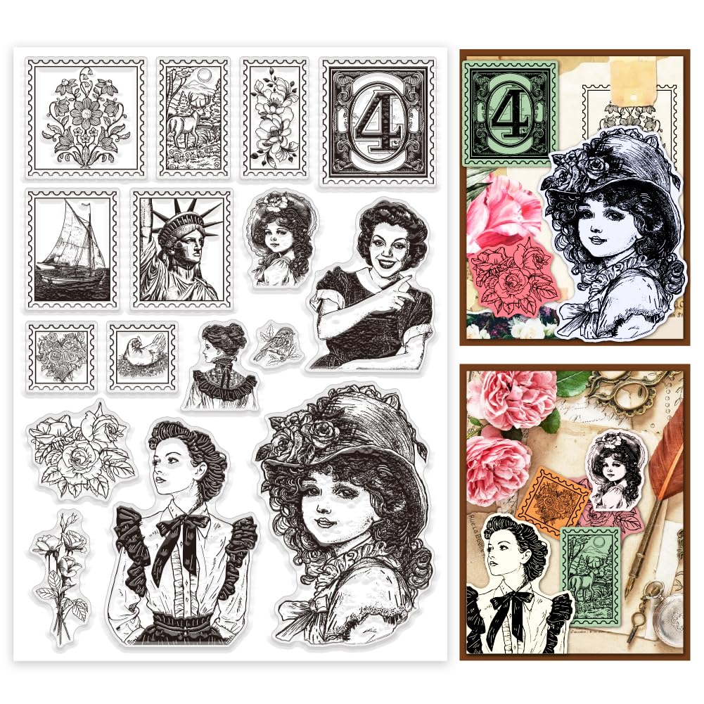 PH PandaHallStatue of Liberty Clear Stamps Retro Fashion Lady Transparent Stamps Silicone Clear Stamp Seals for Card Making Photo Album DIY Scrapbooking Independence Day Decorative 8.3x11.7inch