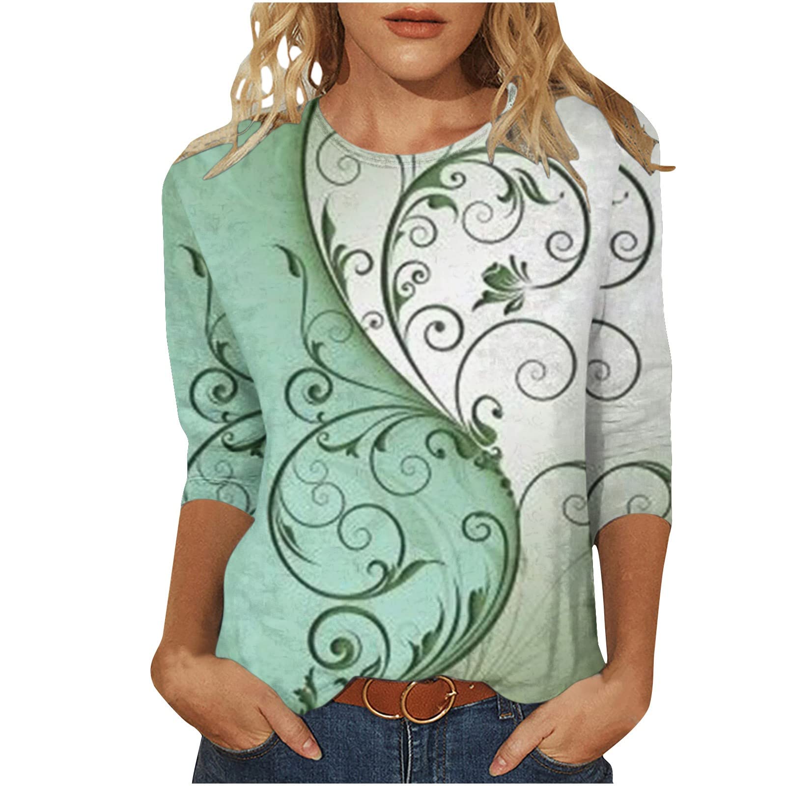 Womens Tops 3/4 Length Sleeves Summer Shirts 2023 Casual Crewneck Loose Fit Blouses Floral Print Cute Fall Pullover