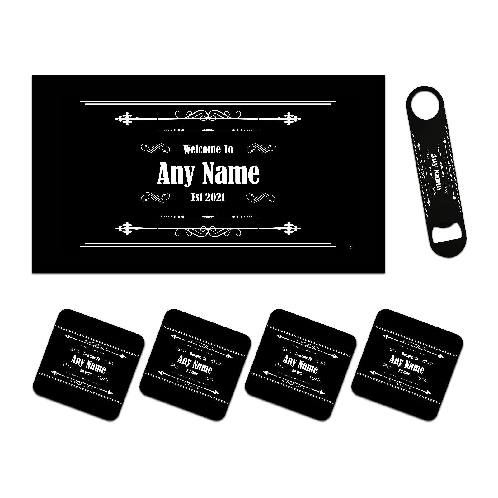 Personalised Bar Runner Mat, Matching Bottle Opener & 4 x Drinks Coasters Gift Set|Beer Gifts Home Bar Accessories for Pub Bars Man Cave Him Her|BRS-RA815|ADD Any Name/Text