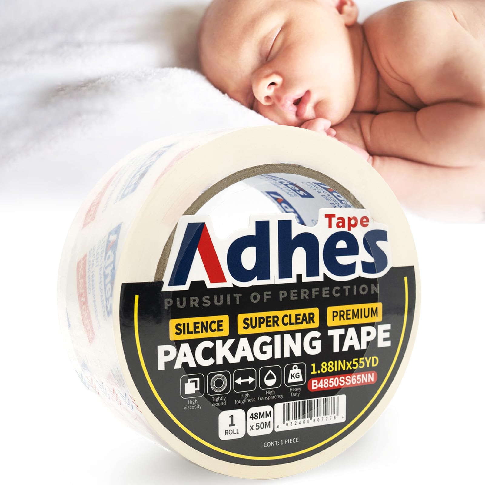 ADHES No Noise Clear Packing Tape, 1.88 Inch x 55 Yards, 2.6mil Heavy Duty Shipping Tape Strong & Durable Package Tape for Shipping, Moving, Mailing and Sealing