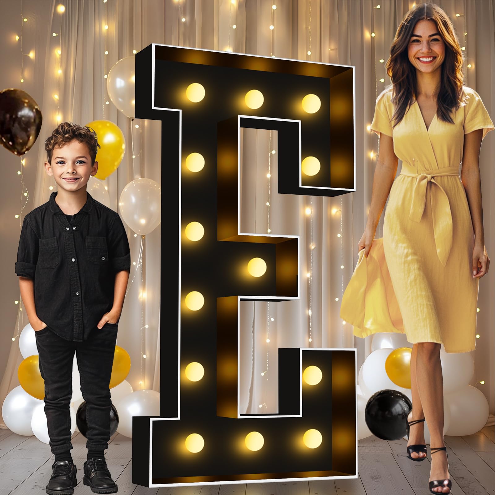 Pooqla 4 FT Marquee Light Up Letters, Black Marquee Letter Lights 4 Feet Tall, Giant Letter Sign Big Mosaic Letters for Balloons Birthday Party Anniversary Wedding Decorations, Warm White Letter E