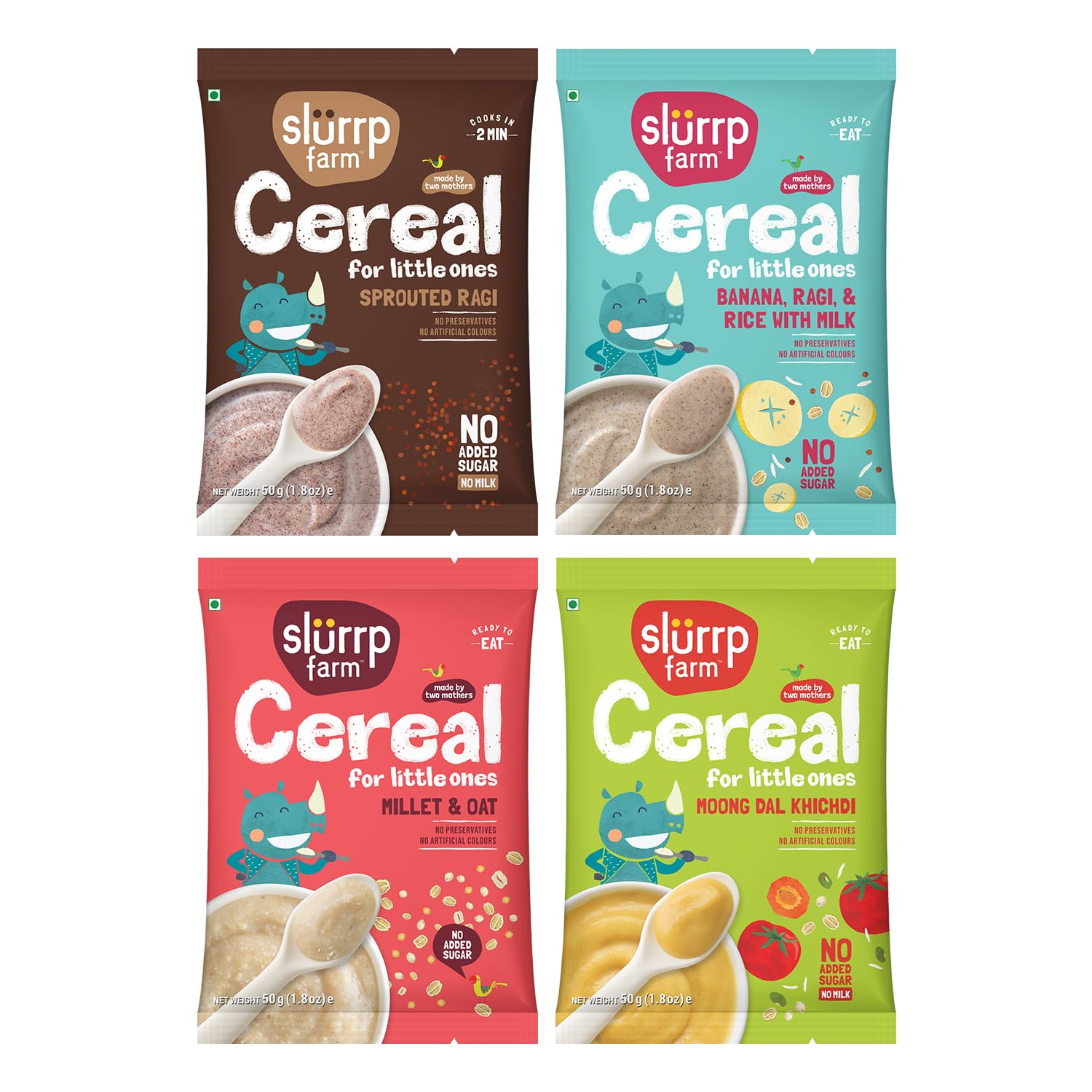 Slurrp Farm No Added Sugar No Salt Cereal Starter Combo | Made with Ragi, Oats, Jowar, Real Fruits, Vegetables, Dals | Healthy Food for Kids | Easy to cook | 50 g*4