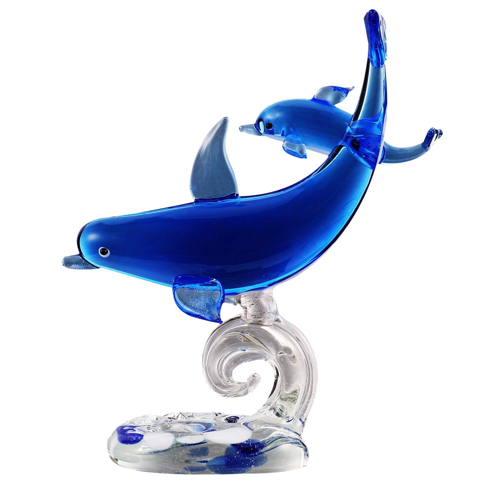 XTRANSF Dolphin Figurines Double Dolphin Glass Figurine with Base Handmade Art Glass Blown Marine Fish Statue Crystal Animals Paperweight Collectible Sculpture Home Decoration Glass Fish Figurines