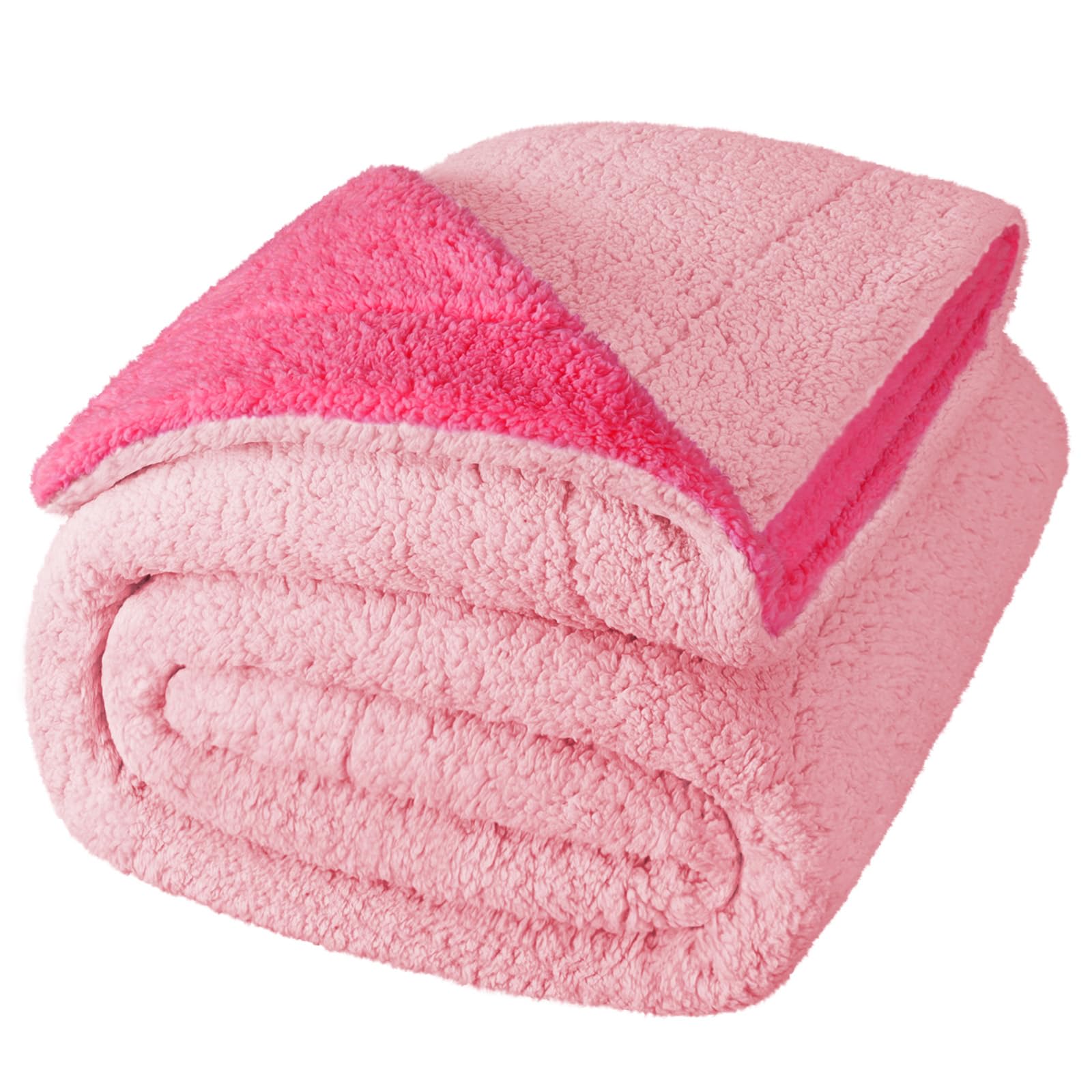 Exclusivo Mezcla Queen Size Reversible Sherpa Fleece Blanket, Soft Plush Blanket for Bed Sofa, Thick Warm Fluffy Blankets for Fall Winter, 90x90 Inches, Hot Pink/Light Pink