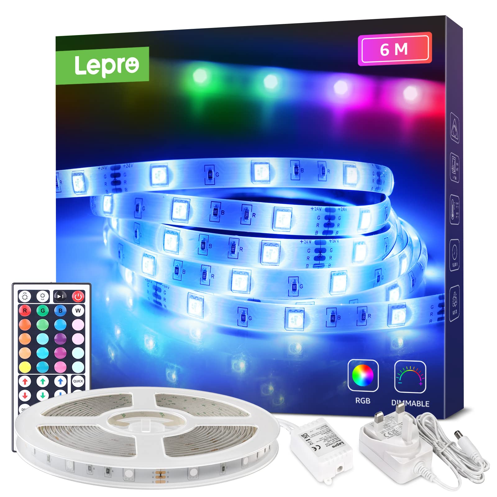 Lepro LED Strip Light 6M, 5050 RGB Colour Changing LED Lights for Bedroom with Remote Control, 24V Power Supply Flexible Lighting Strips for Kids Room Kitchen Decoration (1 roll of 6M)