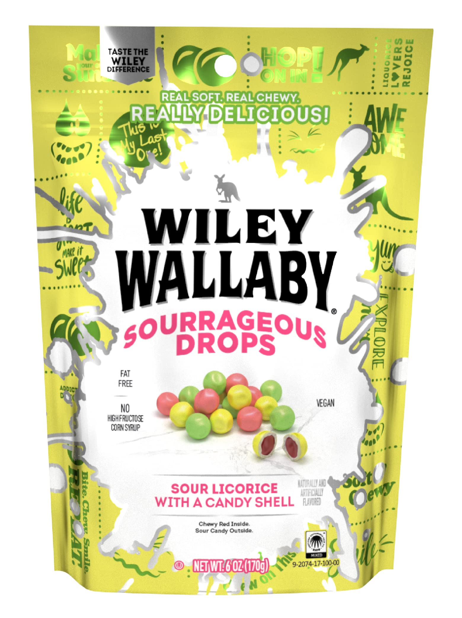 Wiley Wallaby 6 Ounce Sourrageous Drops Mix of Watermelon, Green Apple and Lemon Soft & Chewy Licorice with a Candy Shell, 1 Pack