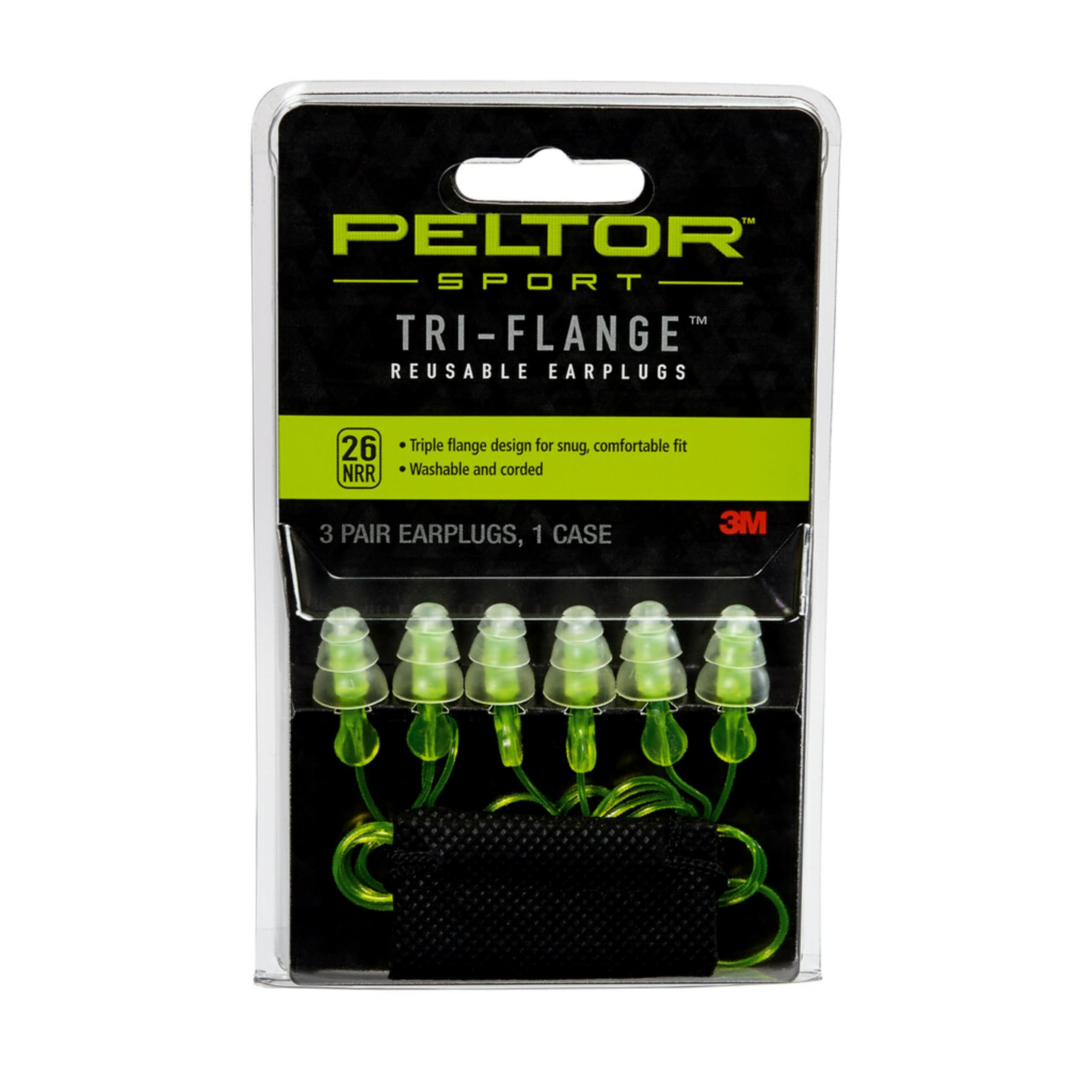 Peltor Sport Tri-Flange Corded Reusable Earplugs, 3 Pair, Noise Reduction Rating (NRR) 26 dB, Comfortable Fit, Ideal For Range, Shooting & Hunting, Washable and Corded, Neon Yellow (97317-10C)