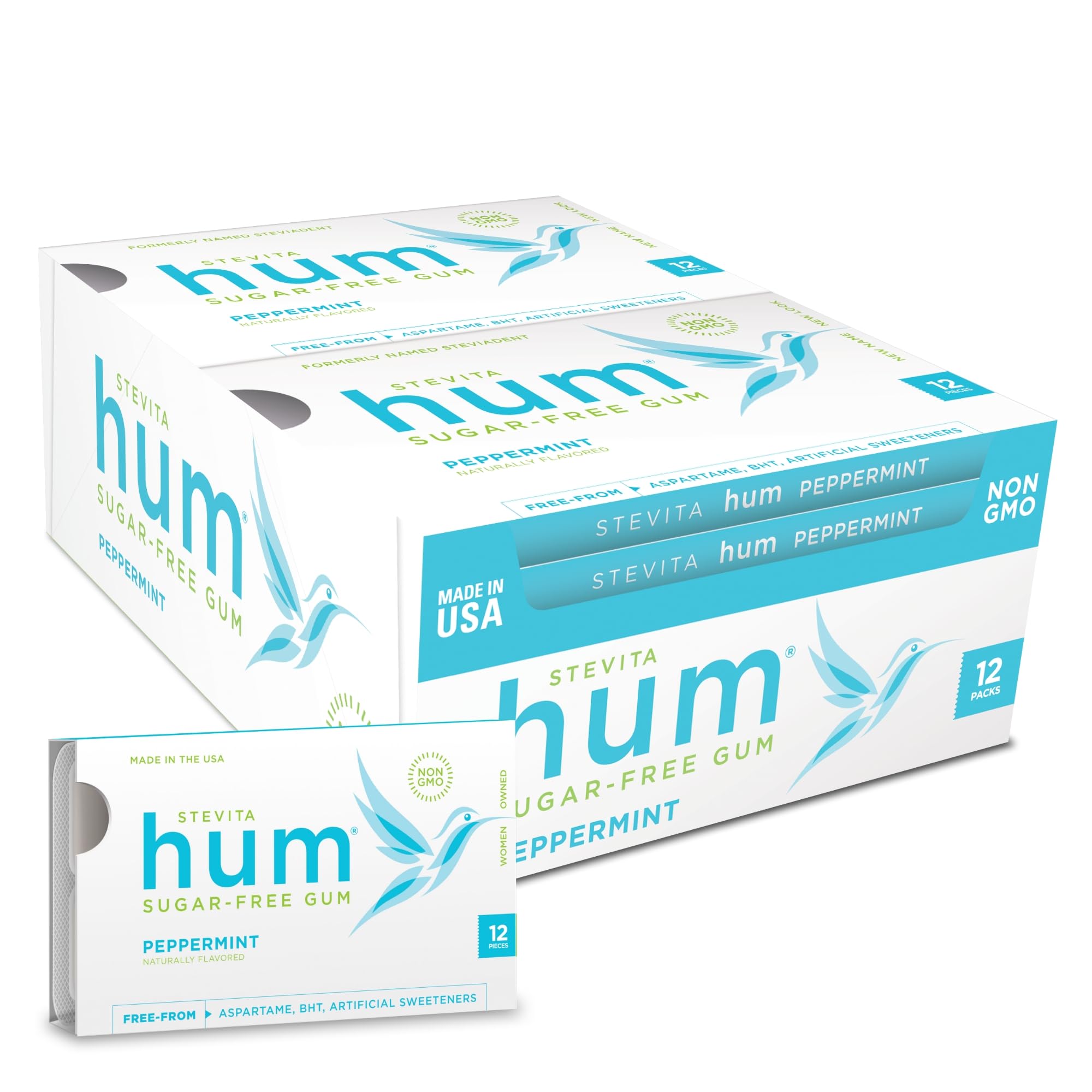 Stevita Hum, Peppermint - Sugar-Free Gum - 12 Pieces, Pack of 12 - Supports Oral Health - Non-GMO, Vegetarian, Keto, Gluten Free - 72 Total Servings