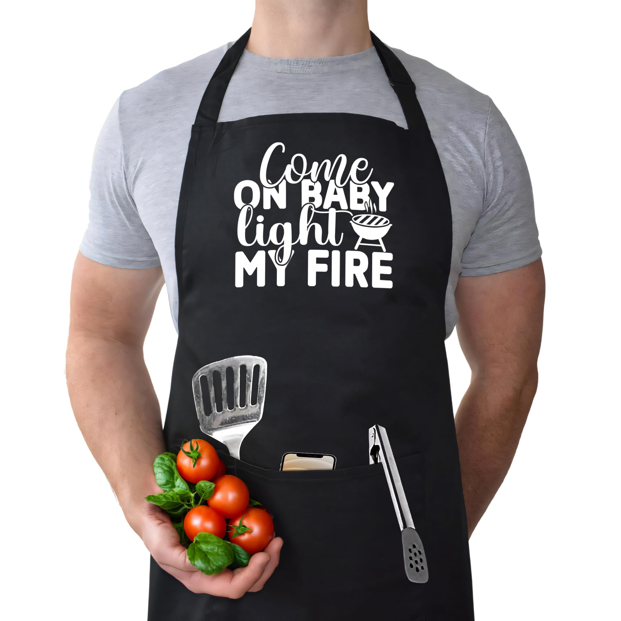 BabimarkeebeiMen's Chef Apron, Cooking Gear, Best Father's Day Gift, Kitchen Workwear, Grill Master, Cool Gifts for Men, Pockets for Utensils, Birthday Presents for Dad-Come on baby light my fire