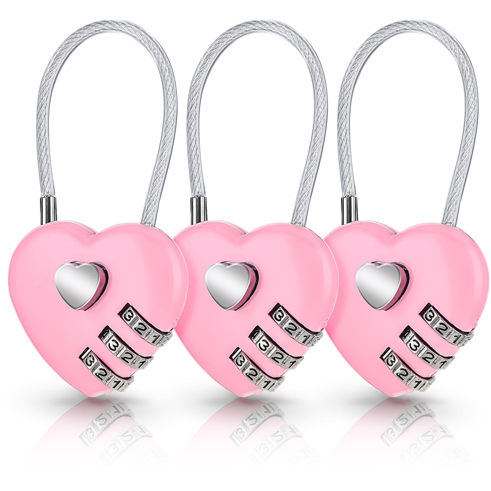 AndibroAndibro 3 Pcs Love Heart Combination Locks, Portable Mini Code Lock Steel Wire Rope 3 Digit Combination Padlock Outdoor Waterproof Couple Padlock for Travel Bags Suitcase Lockers Backpacks