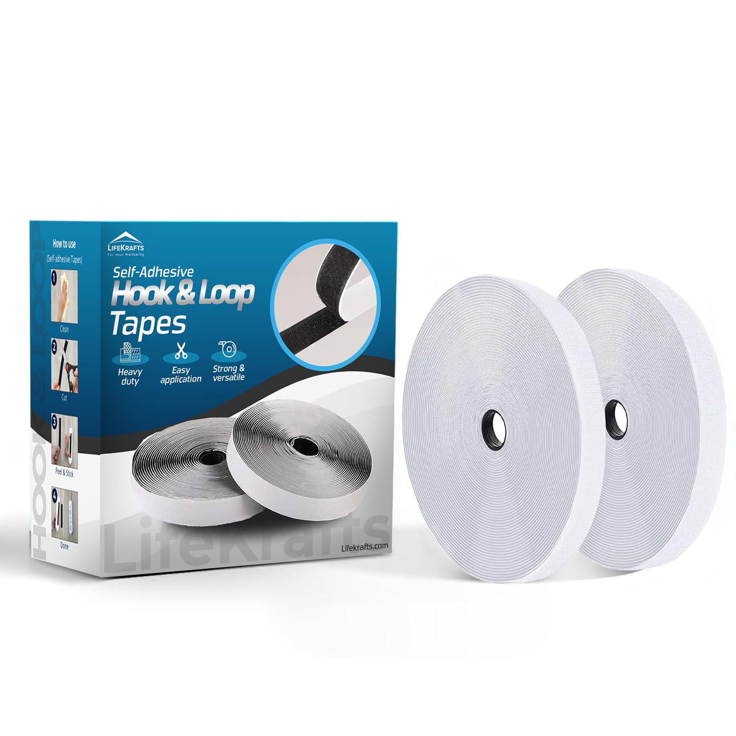 LifeKraftsSelf Adhesive Hook & Loop Tapes White (10M Hook+10M Loop) 25mm width to Organize Stationaries, Arts & Crafts, Photo Frame, etc. Sticky Back Strong Glue, Back Mounting Fastener Tape.