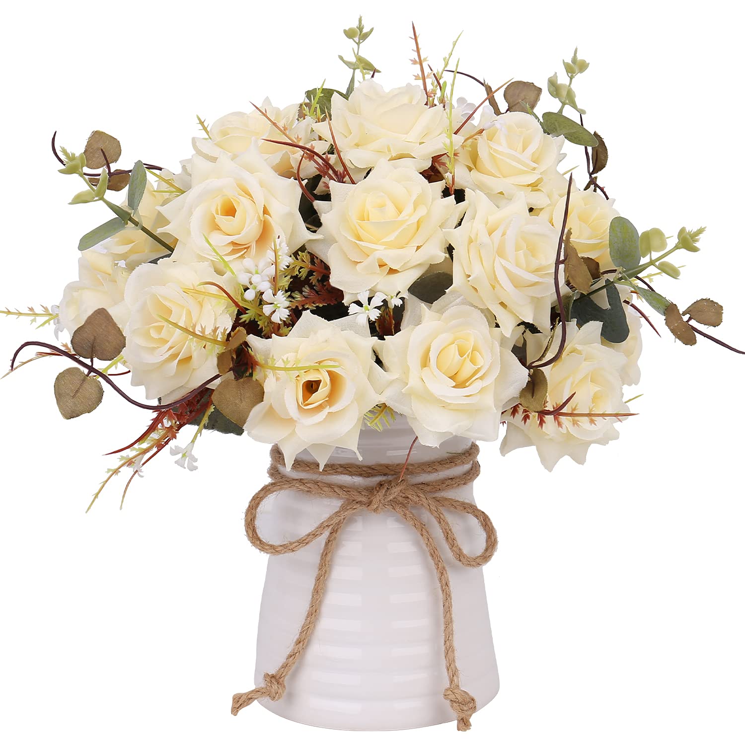 Artificial Flowers with Vase, Silk Fake Rose Bouquets Arrangement for Home Office Party Centerpiece Table Decoration (Champagne)