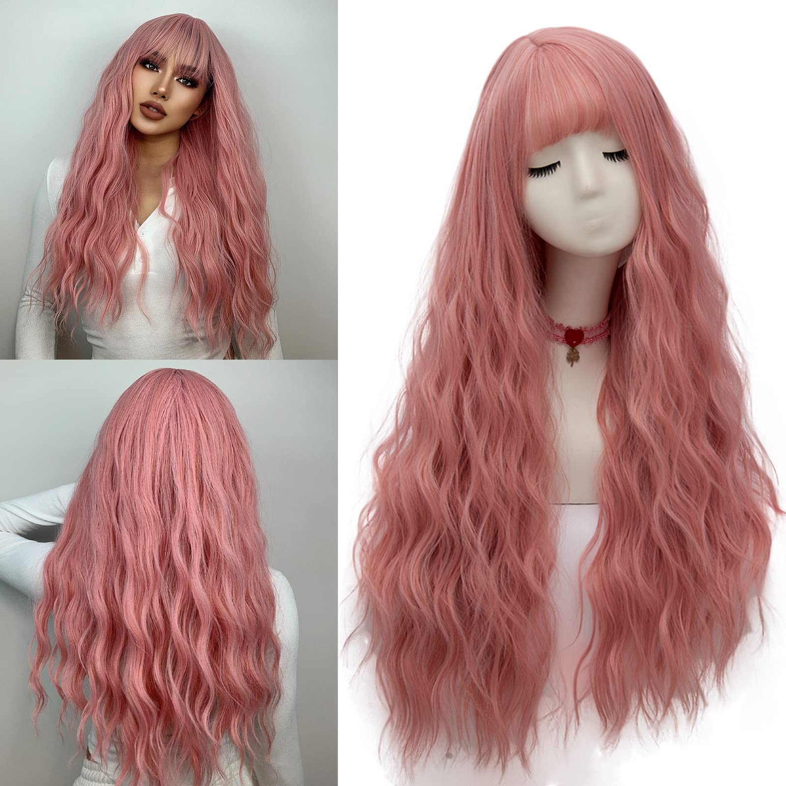 NetgoWomen's Pink Wig Long Fluffy Curly Wavy Hair Wigs for Girl Heat Friendly Synthetic Cosplay Party Wigs